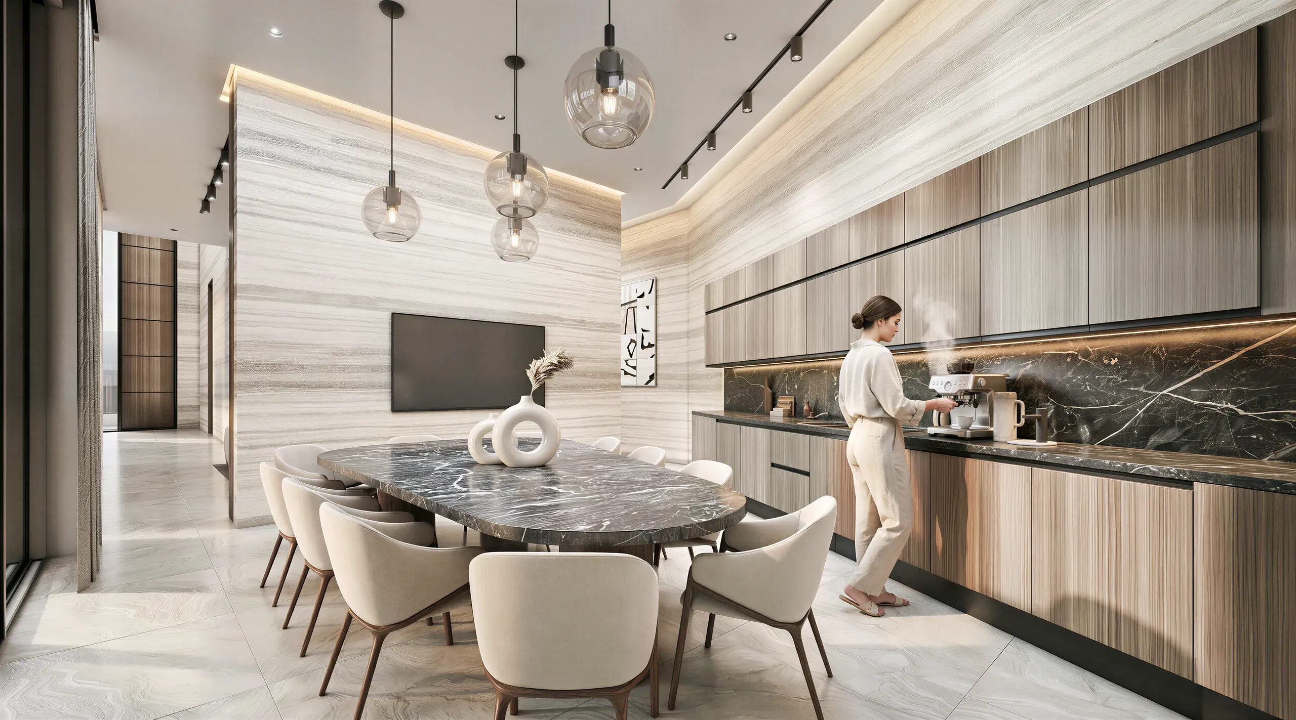 Modern luxury kitchen and dining area with marble table, cream chairs, dark marble backsplash, pendant lights, and light wood paneling throughout.