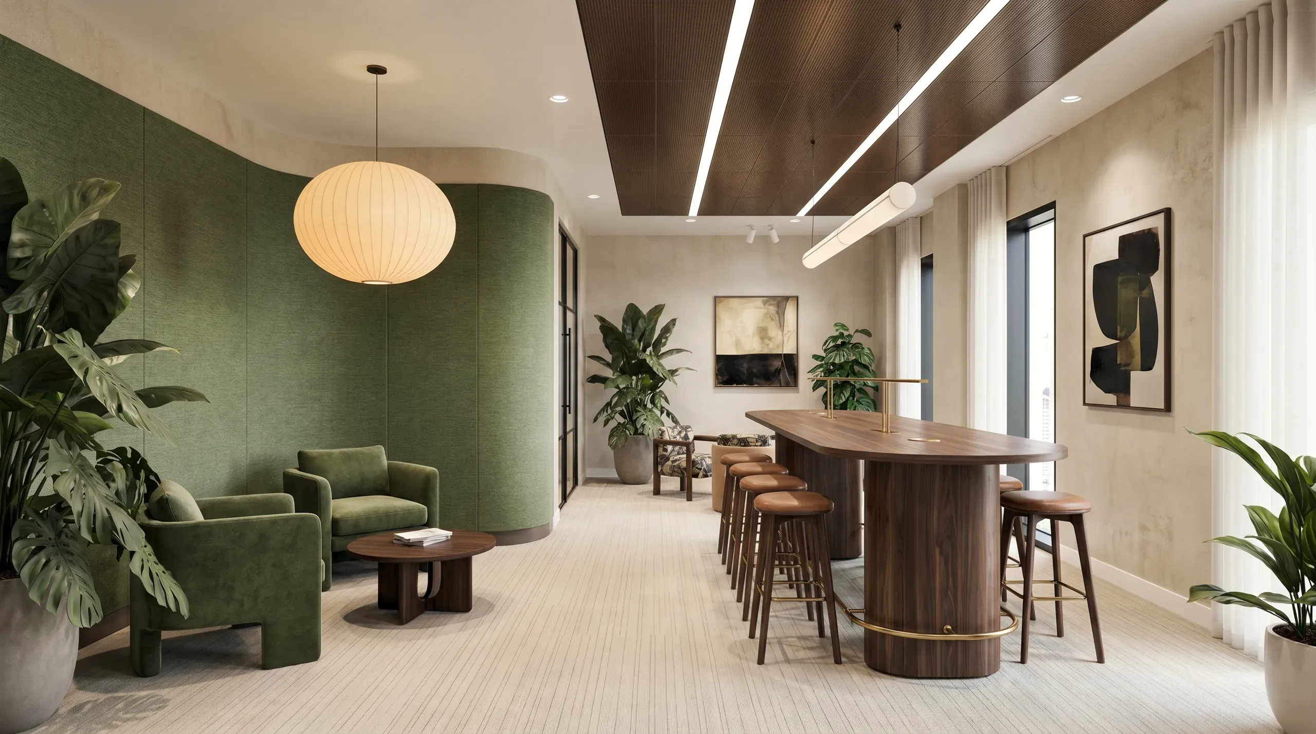 Modern office lounge with green accent wall, curved seating, wooden bar counter with stools, pendant lighting, and potted plants throughout the space.