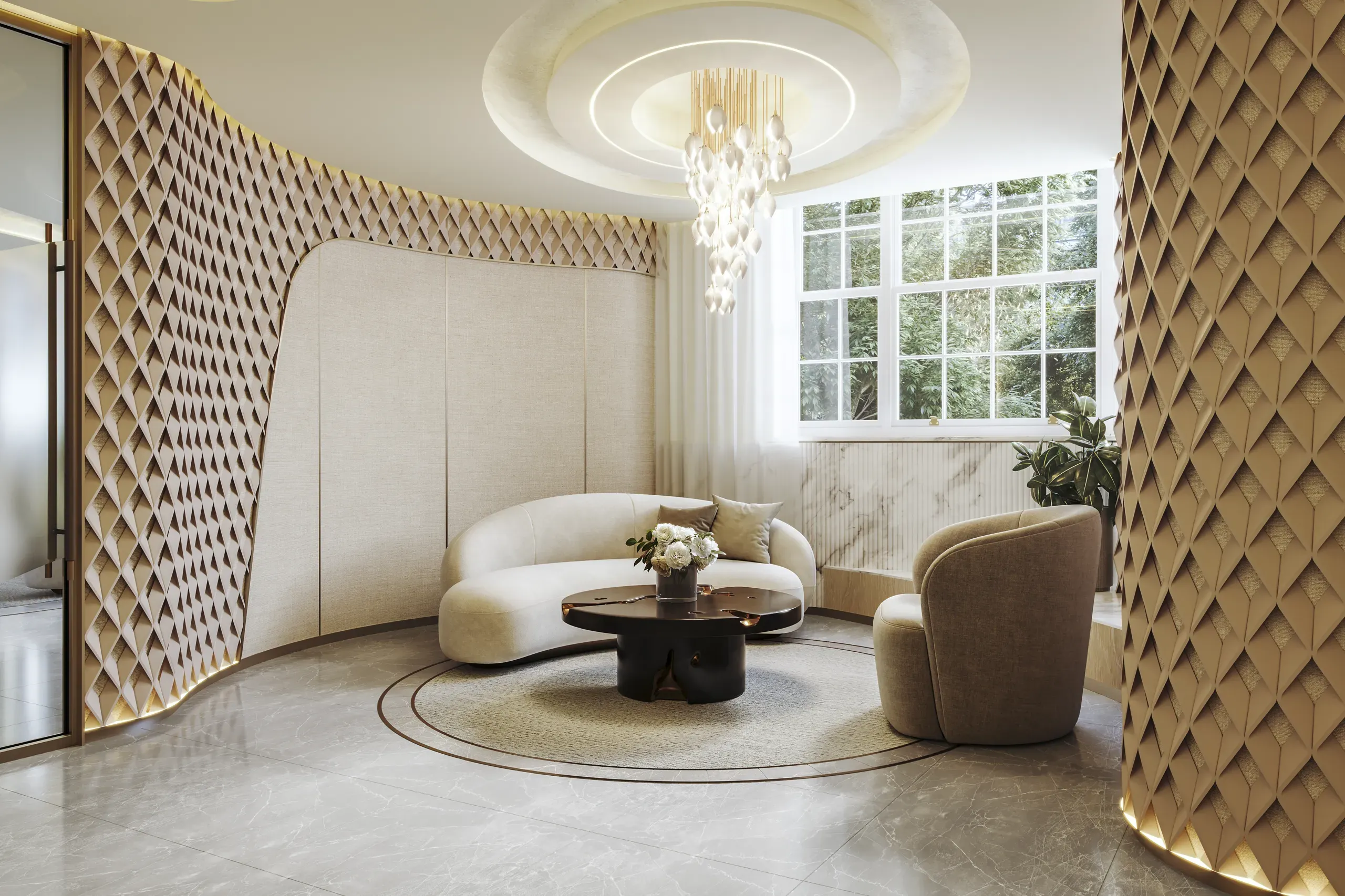 Modern luxury bedroom with curved cream sofa, geometric wall panels, pendant chandelier, black round table, and large windows overlooking greenery.