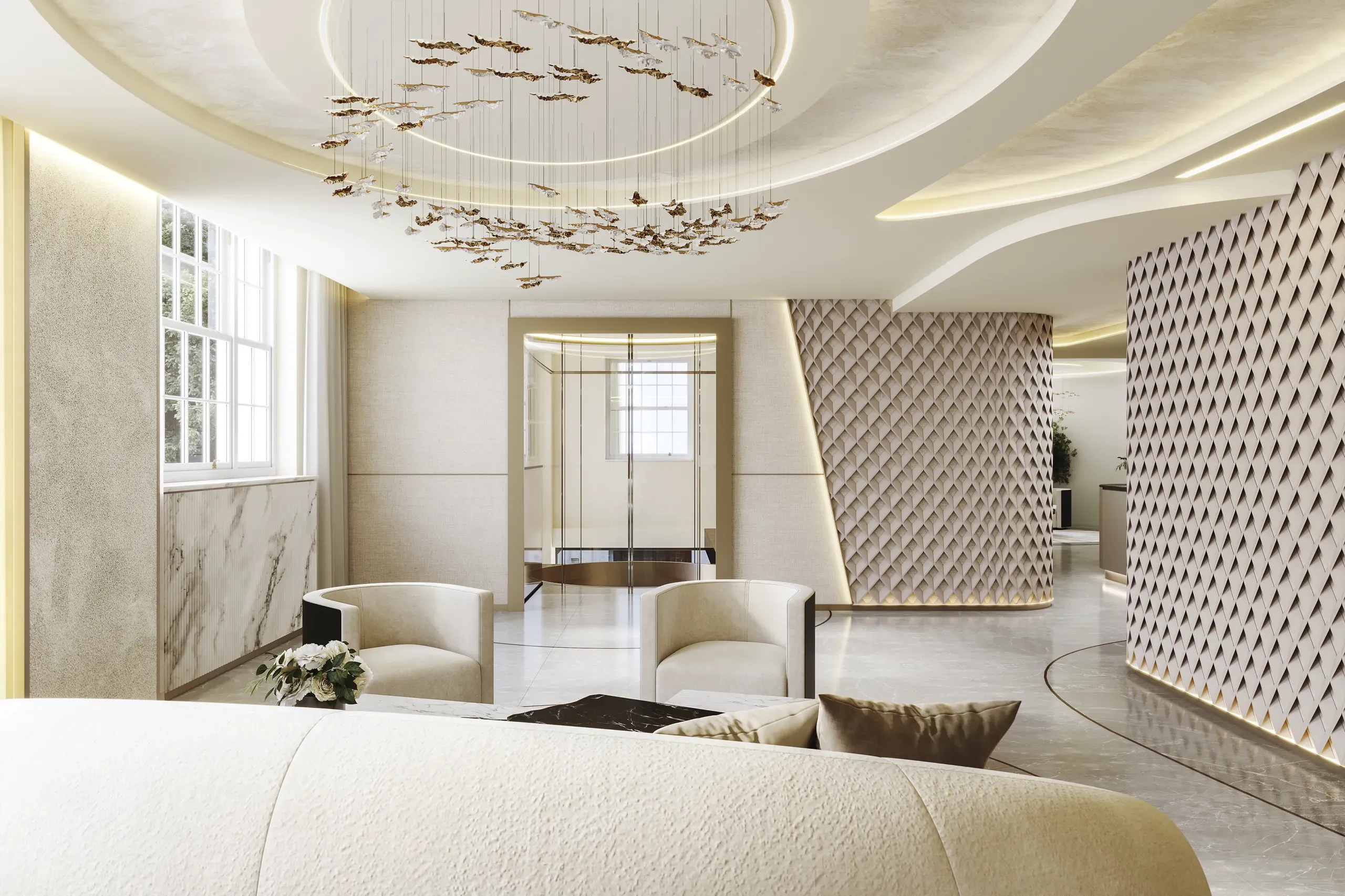 Modern luxury hotel lobby with curved cream seating, geometric patterned walls, hanging bird sculptures, and natural light from large windows.