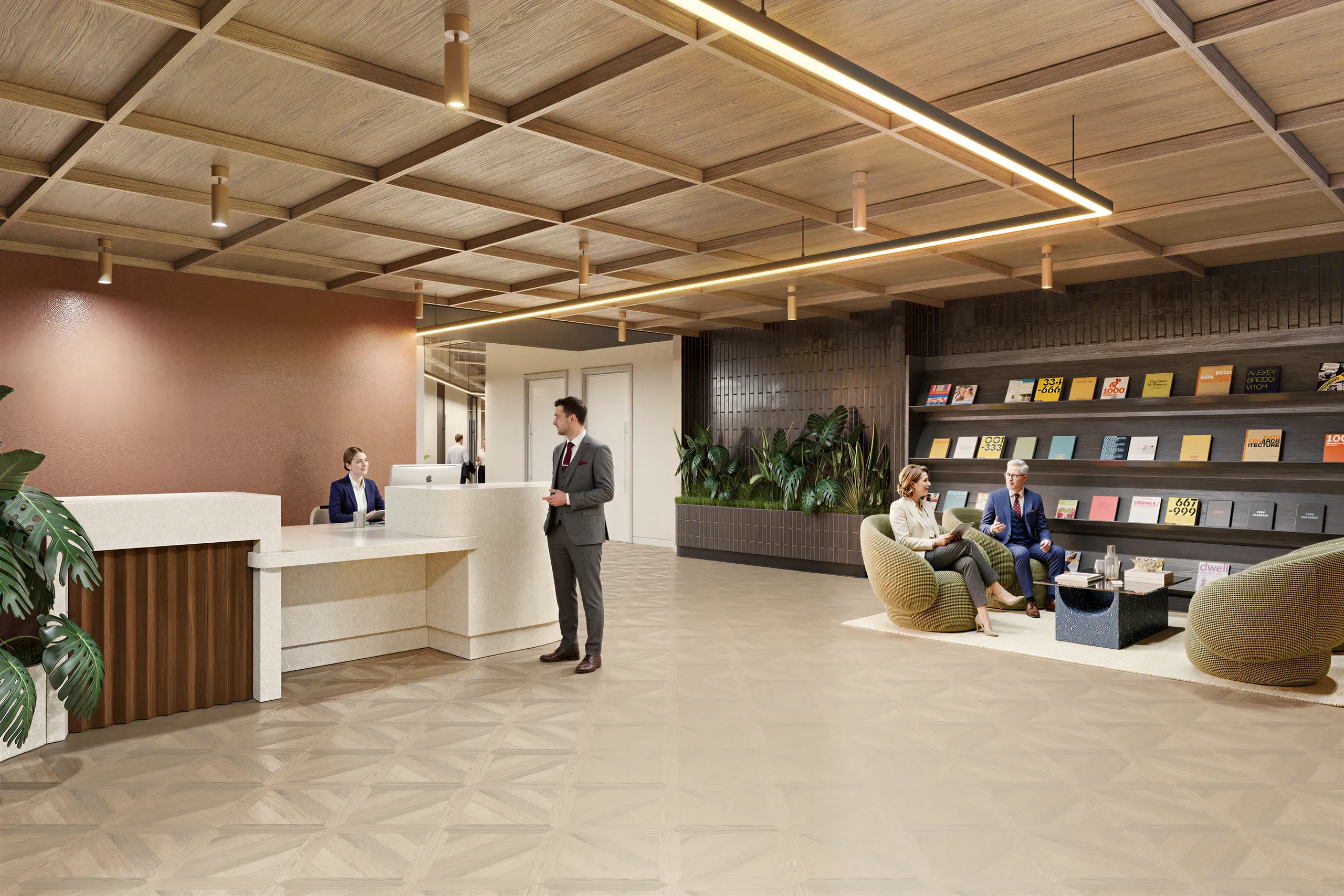 Modern office lobby with reception desk, warm wood ceiling, seating area with yellow chairs, bookshelf display, and people in business attire.
