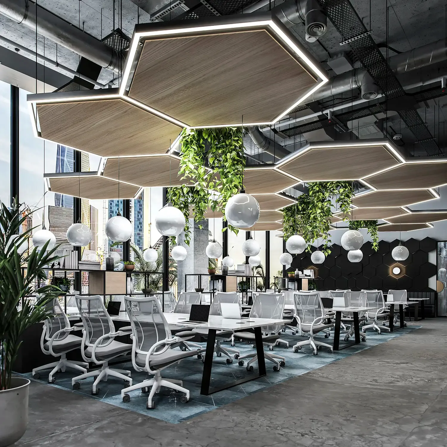 Modern open-plan office with hexagonal wooden ceiling panels, white pendant lights, green hanging plants, mesh office chairs, and floor-to-ceiling windows overlooking city skyline.