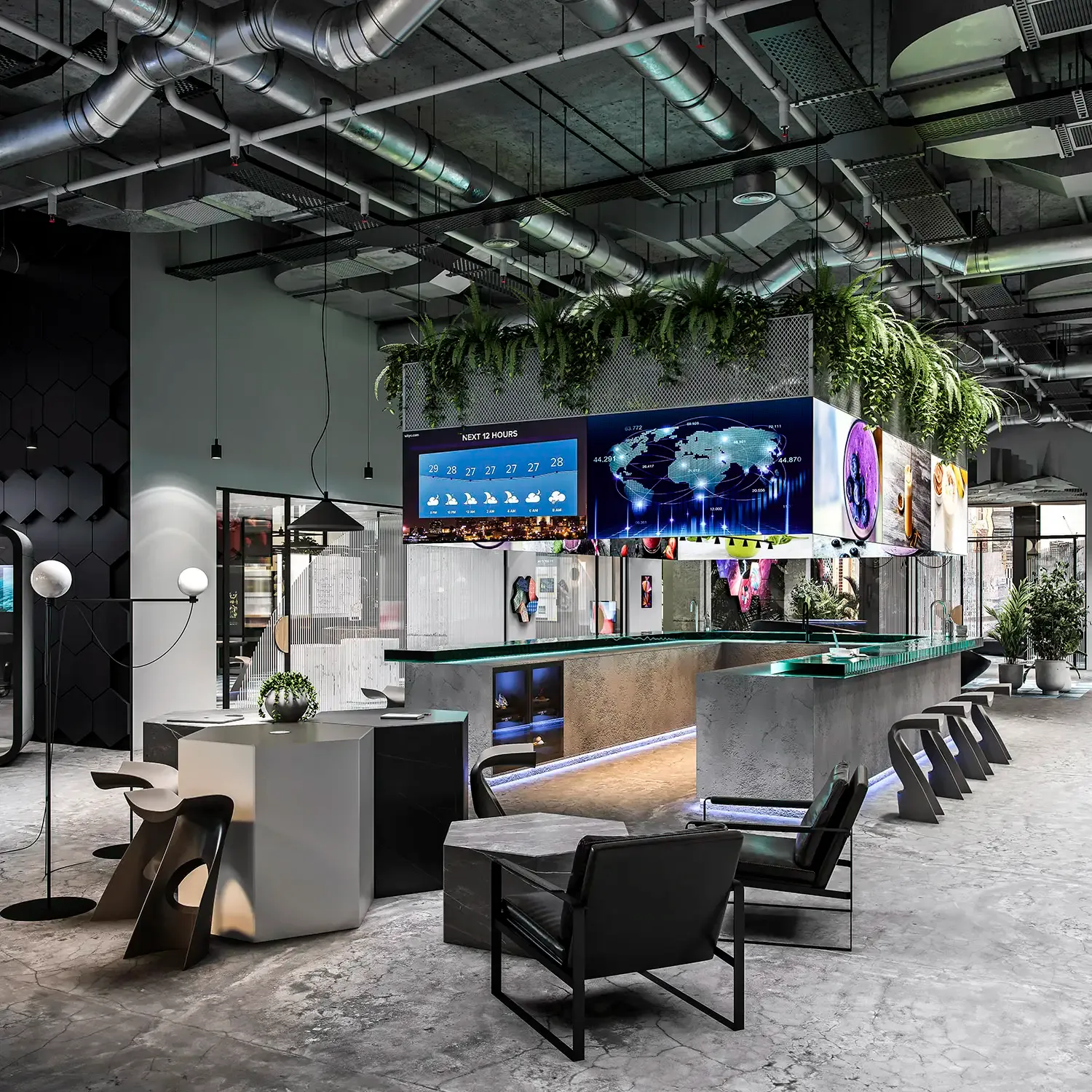Modern office break room with industrial ceiling, hanging plants, digital displays showing weather and data, bar seating, black chairs, and concrete flooring.