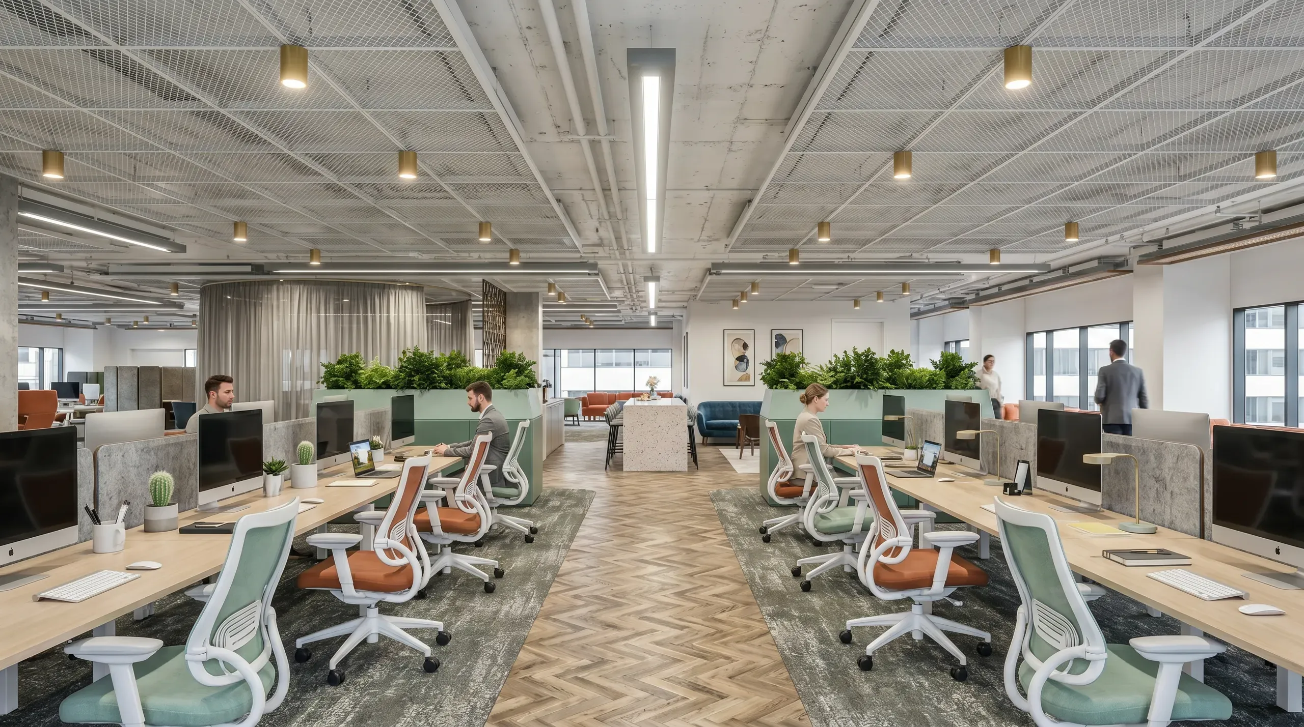 Modern open-plan office space with rows of wooden desks, ergonomic chairs in sage green and orange, potted plants, and natural lighting from large windows.