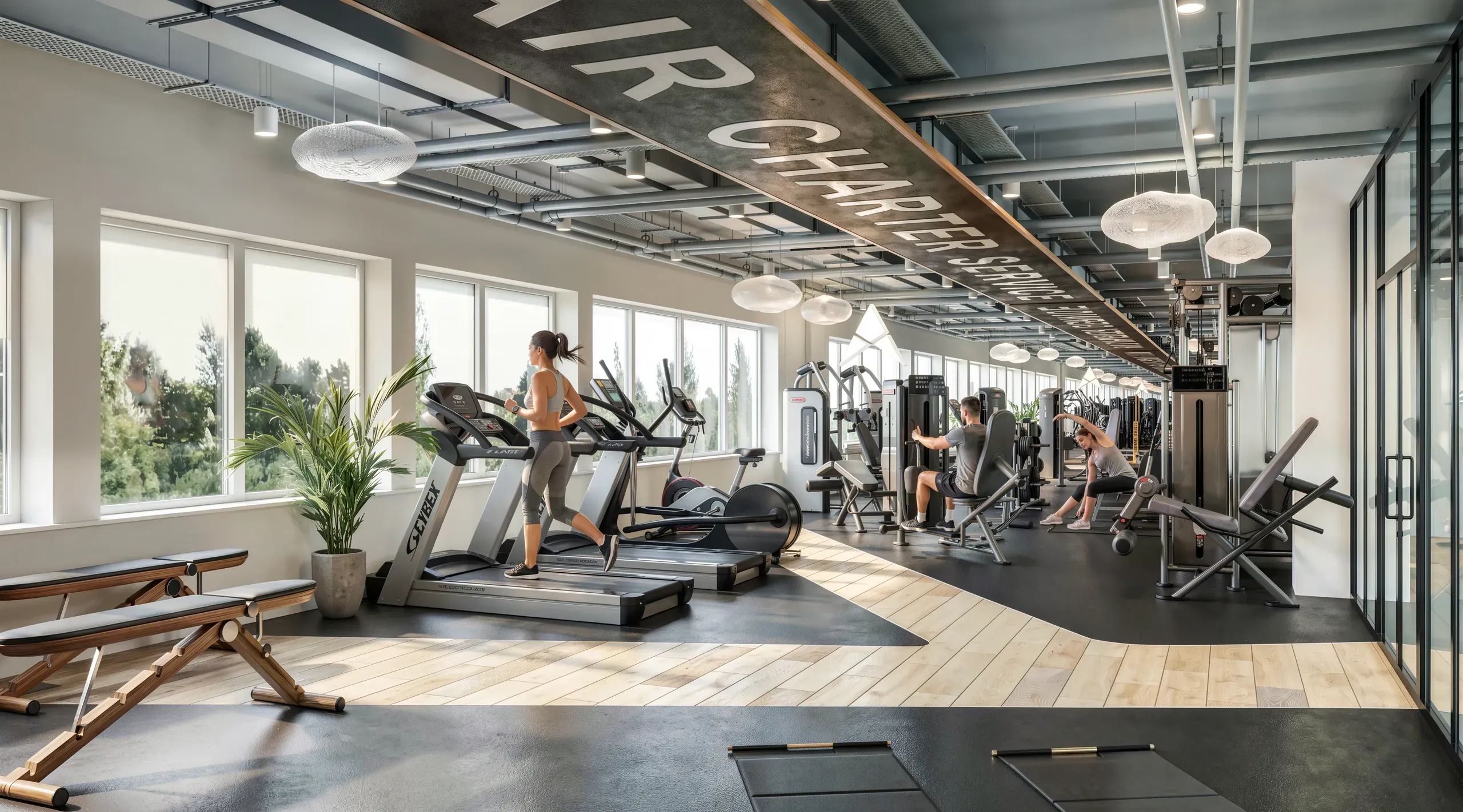 Modern gym interior with cardio equipment, weight machines, large windows, pendant lighting, and people exercising in a bright, spacious facility.
