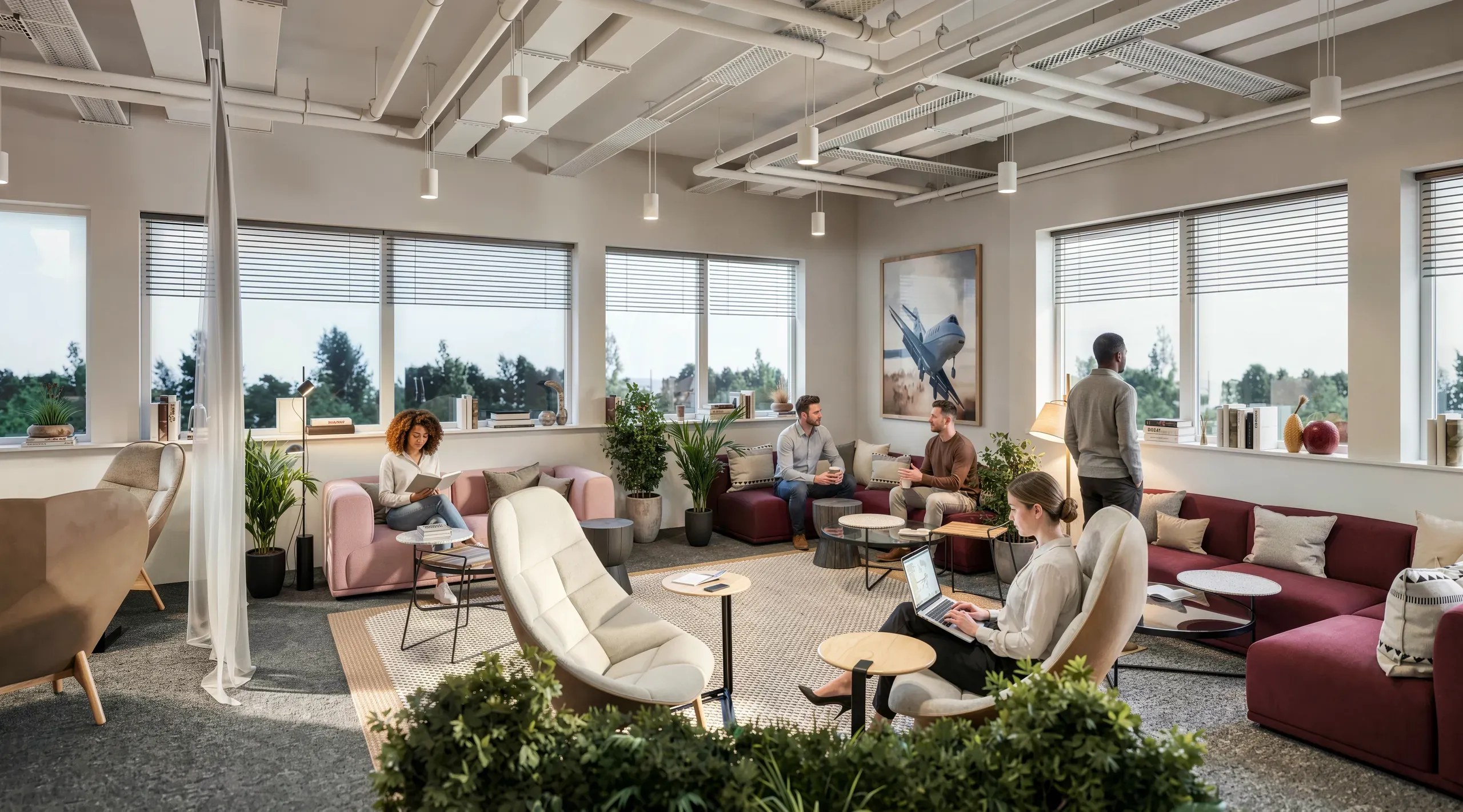Modern open office lounge with employees working and conversing among pink and burgundy seating, plants, and large windows overlooking trees.