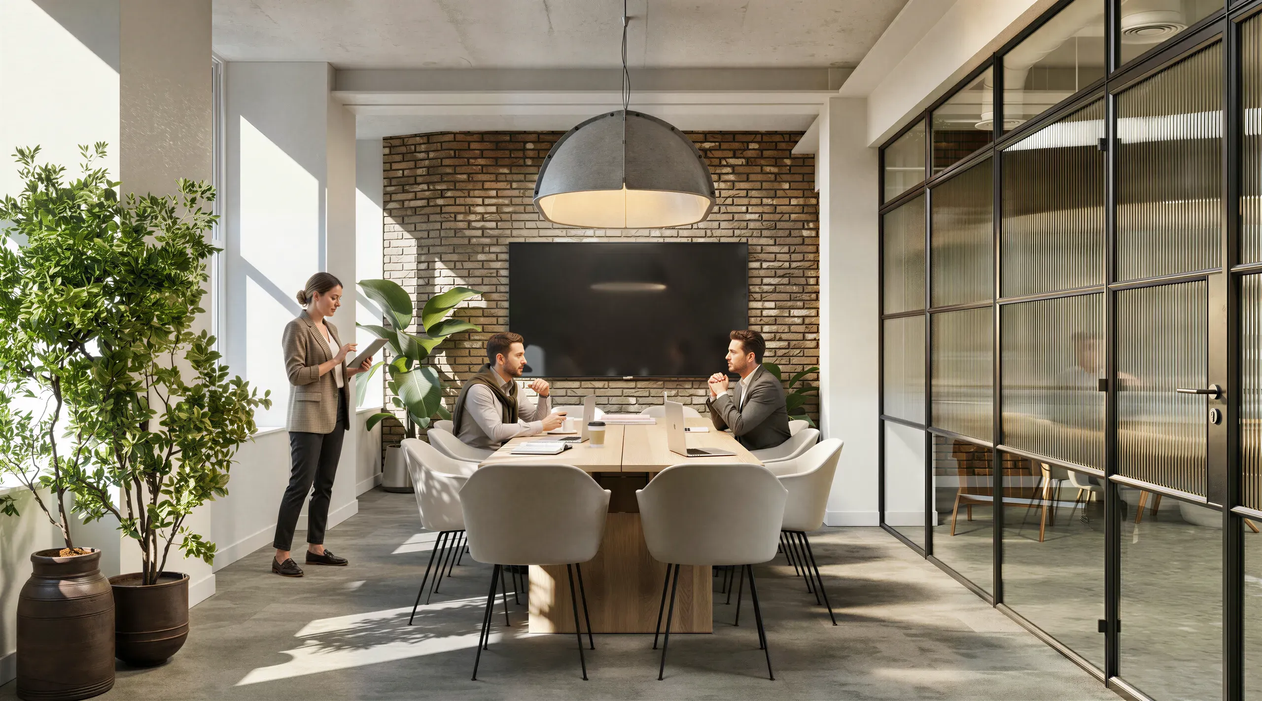 Modern office meeting room with brick accent wall, pendant lighting, three professionals in discussion, glass partitions, potted plants, and natural sunlight.