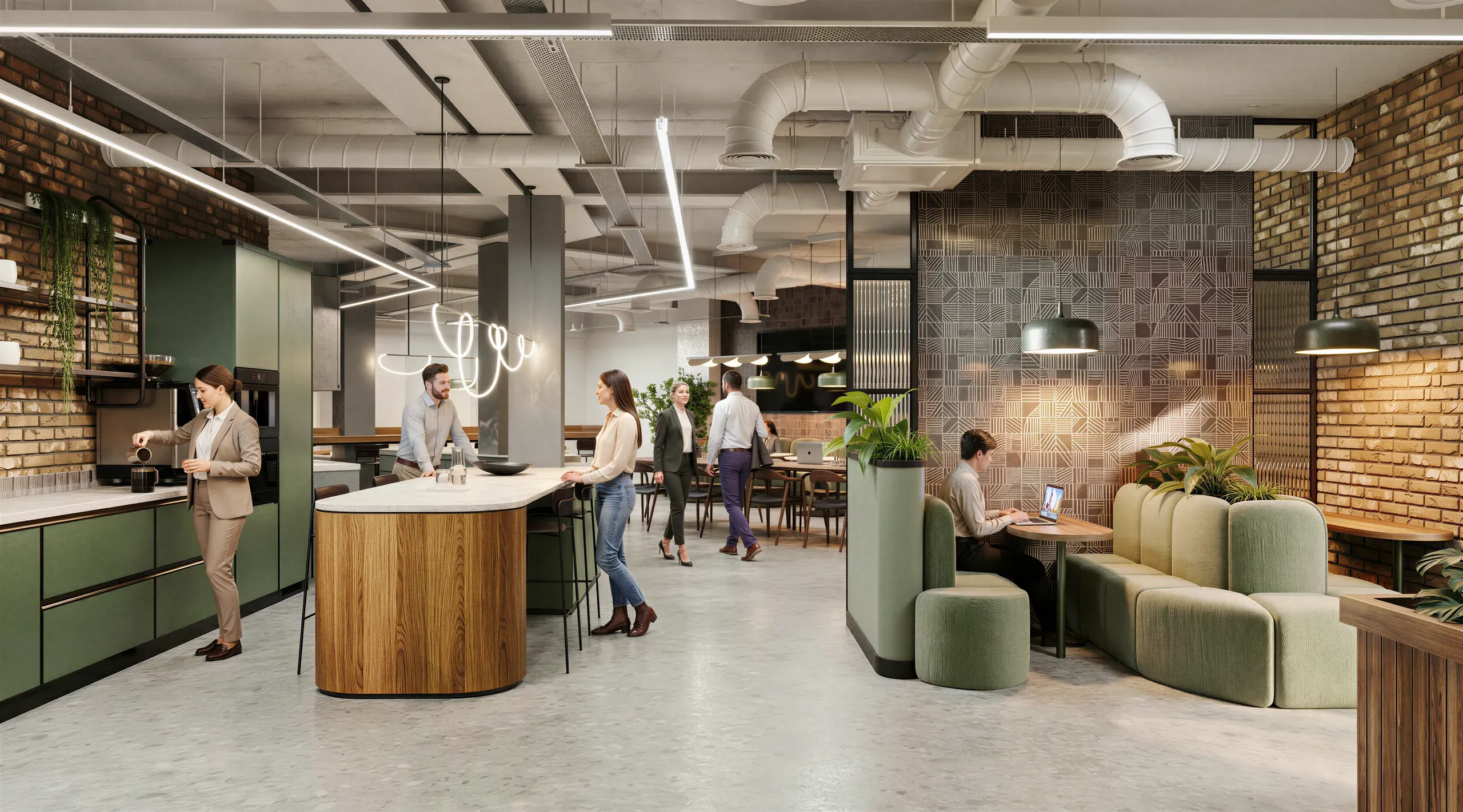 Modern open-plan office space with exposed brick, green cabinetry, wooden island counter, neon signage, collaborative seating areas, and multiple employees working and socializing.