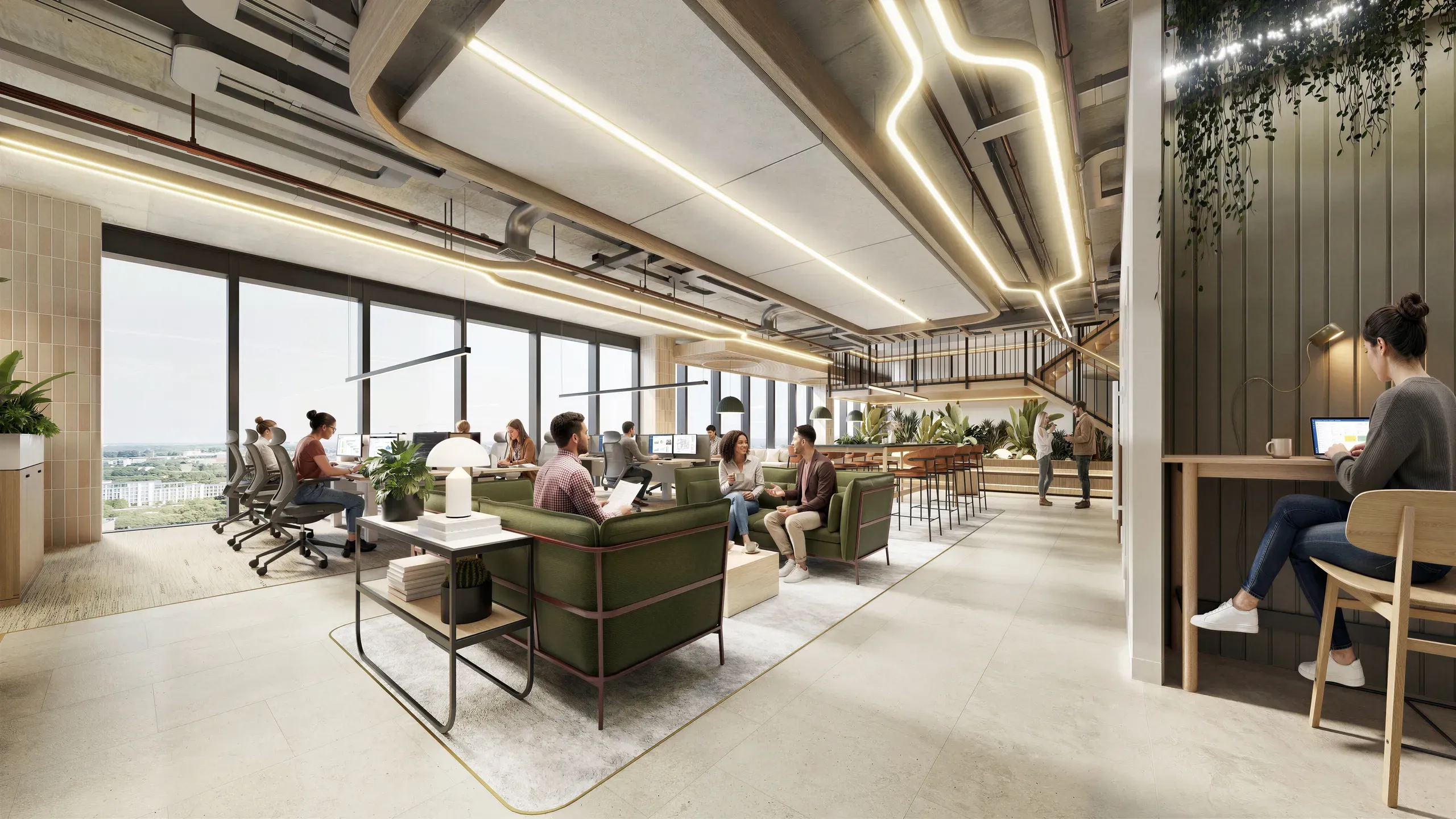 Modern open-plan office space with floor-to-ceiling windows, green seating areas, wooden accents, and natural lighting throughout the high-rise interior.