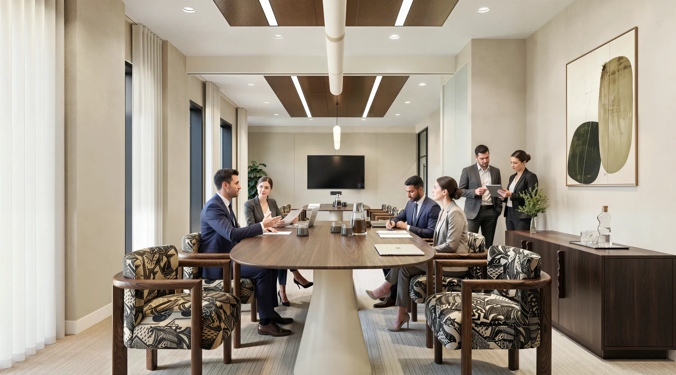 Modern conference room with professionals in business attire seated around oval table, featuring contemporary design with wood accents and abstract leaf artwork.
