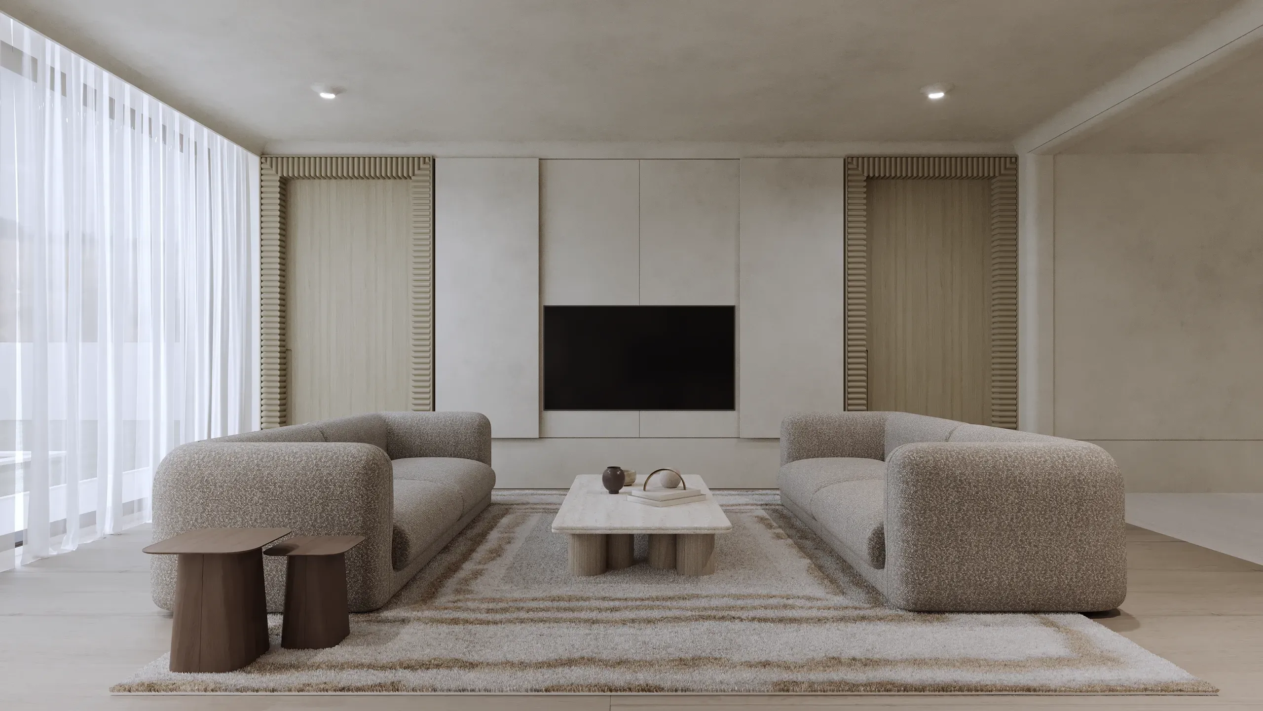 Modern minimalist living room with curved beige sofas, wall-mounted TV, floor-to-ceiling windows, and neutral wood accents.