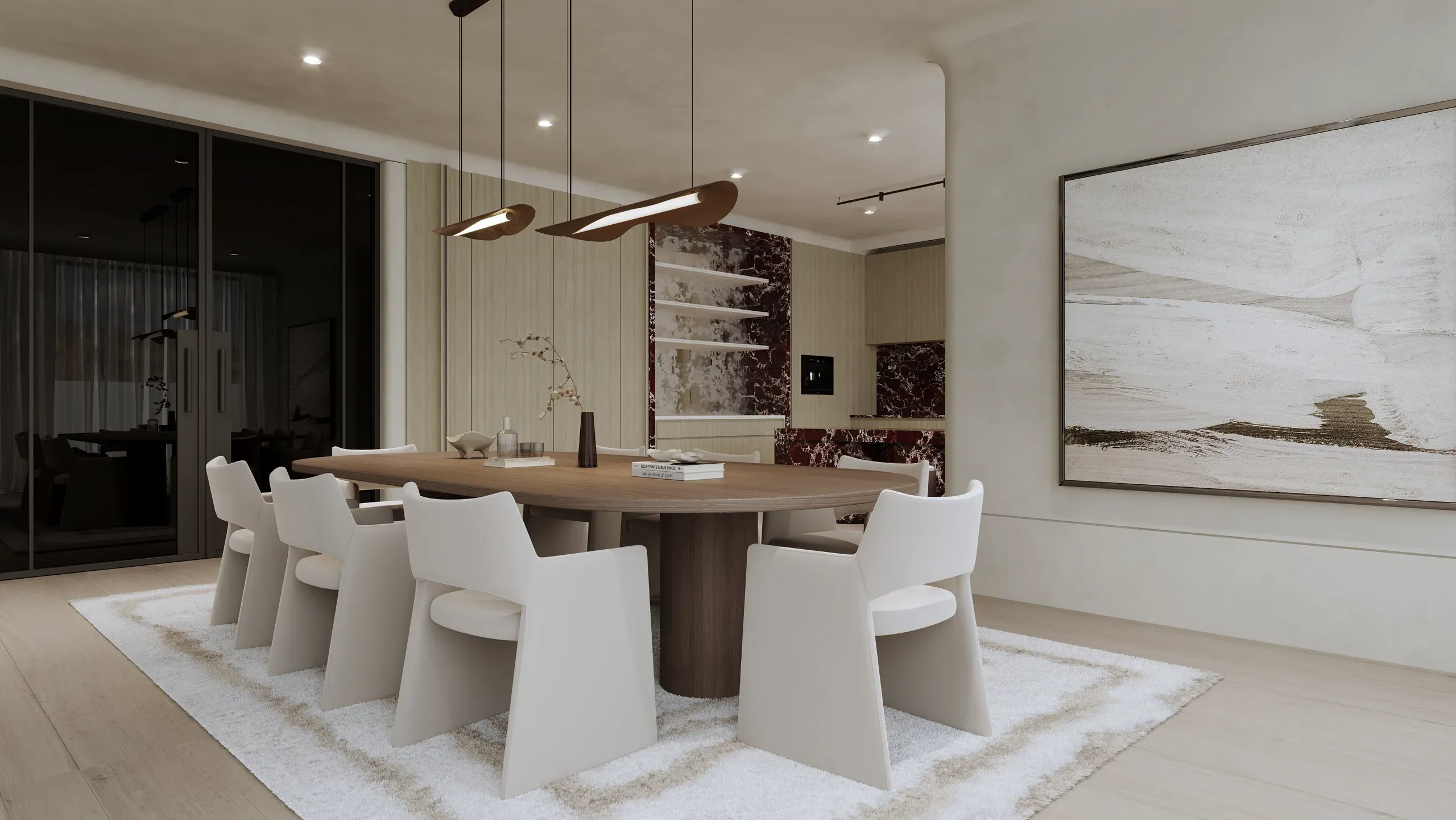 Modern dining room with round wooden table, white sculptural chairs, dark marble accent wall, pendant lights, and landscape artwork on beige walls.