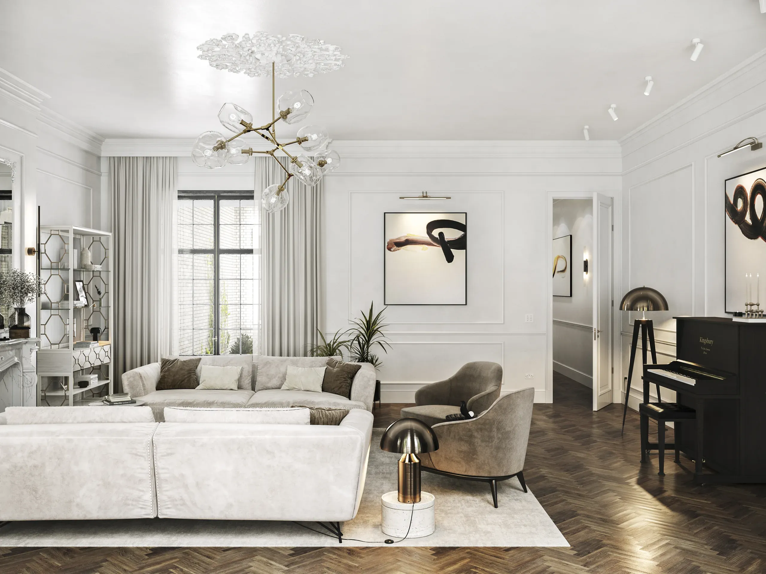 Modern luxury living room with white sectional sofa, brass pendant light, framed artwork, piano, and herringbone flooring in neutral tones.