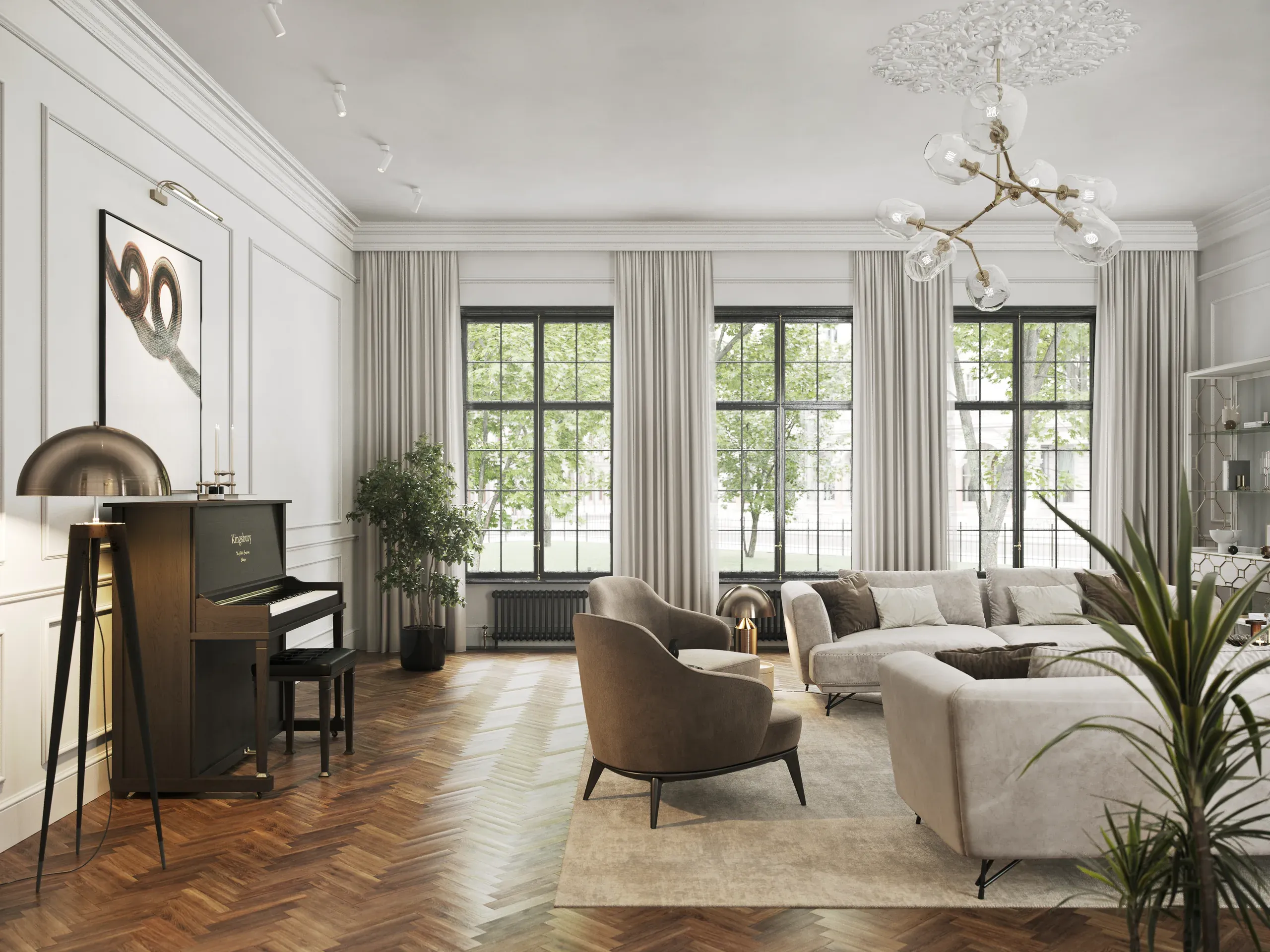 Modern living room with cream sofa, bronze accent chair, piano, large windows with gray curtains, herringbone flooring, and contemporary chandelier.