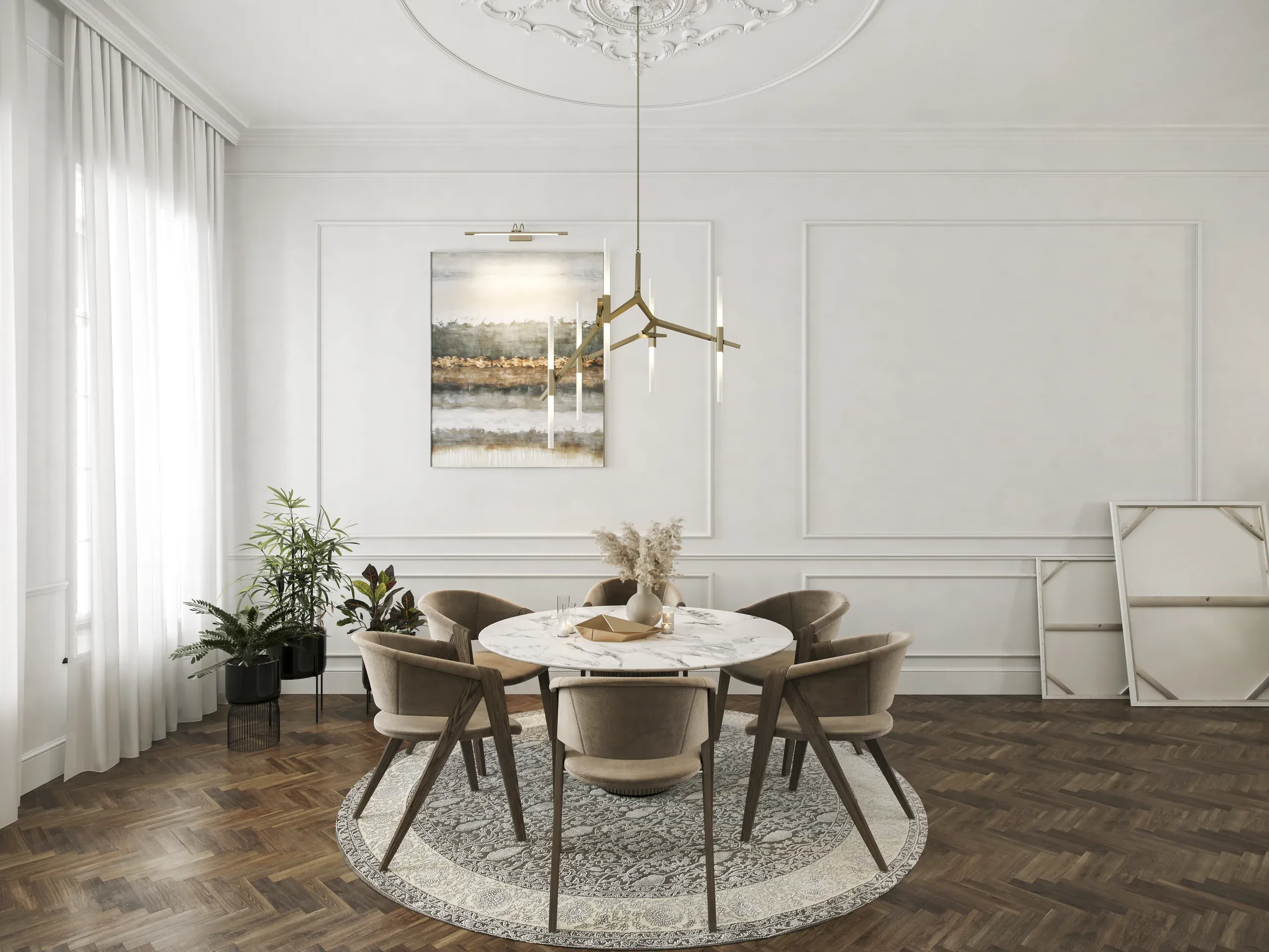 Modern dining room with round marble table, four upholstered chairs, pendant light, potted plants, and landscape artwork on white paneled walls.