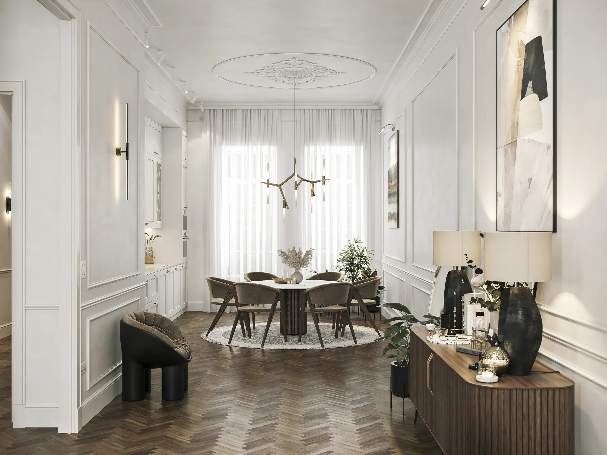 Modern luxury apartment interior with white walls, herringbone flooring, dining area with round table, pendant lighting, and floor-to-ceiling windows with sheer curtains.