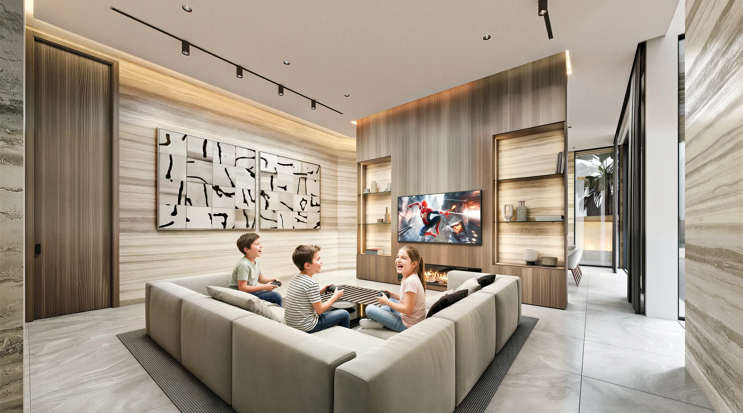 Modern family room with three children on a cream sectional sofa facing a TV, fireplace, and wooden built-in shelving with ambient lighting.