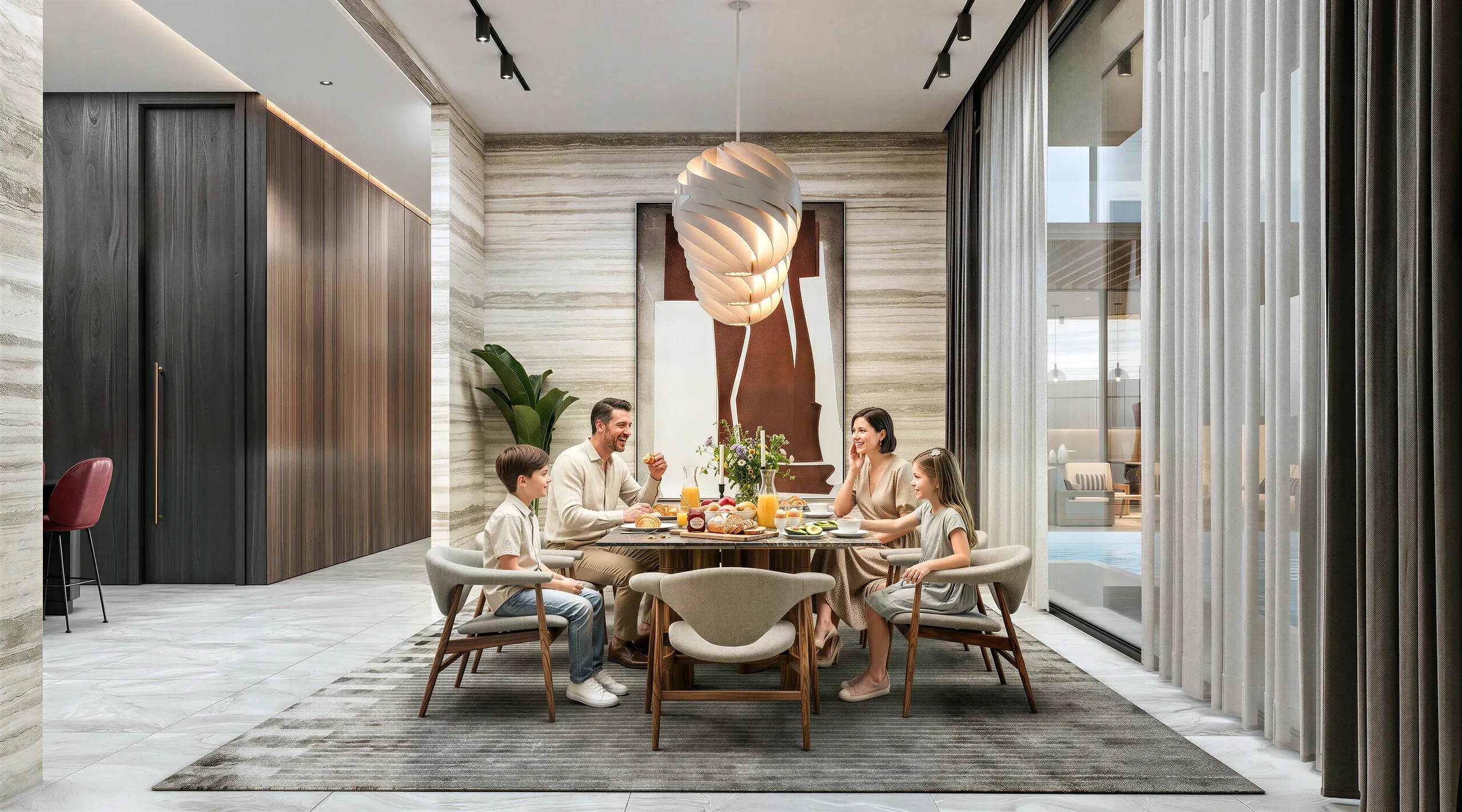 Modern dining room with family of four seated at table under sculptural pendant light, featuring wood-paneled walls, floor-to-ceiling windows, and contemporary furnishings.