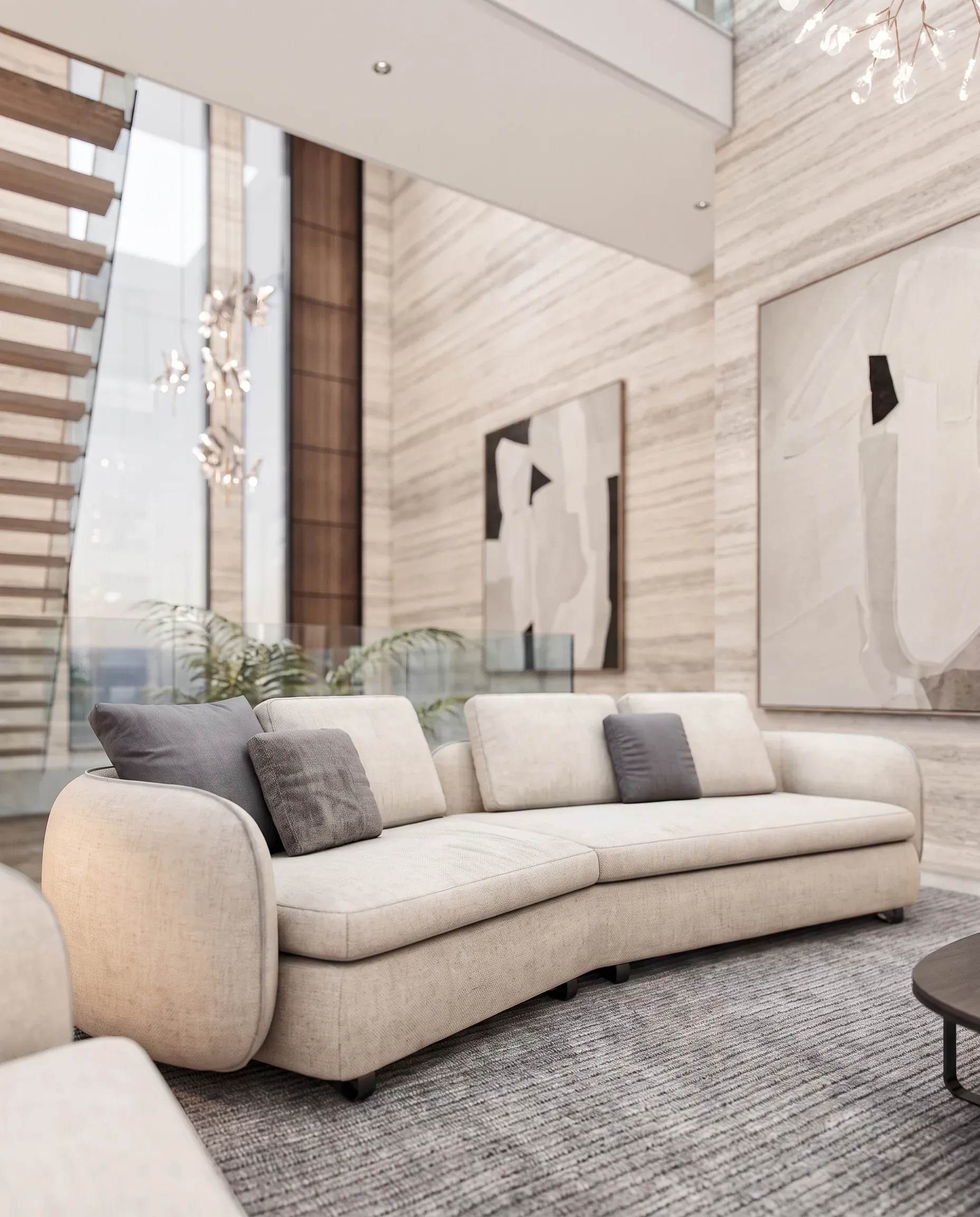Modern luxury living room with curved cream sofa, gray accent pillows, marble walls, floor-to-ceiling windows, and contemporary abstract artwork.
