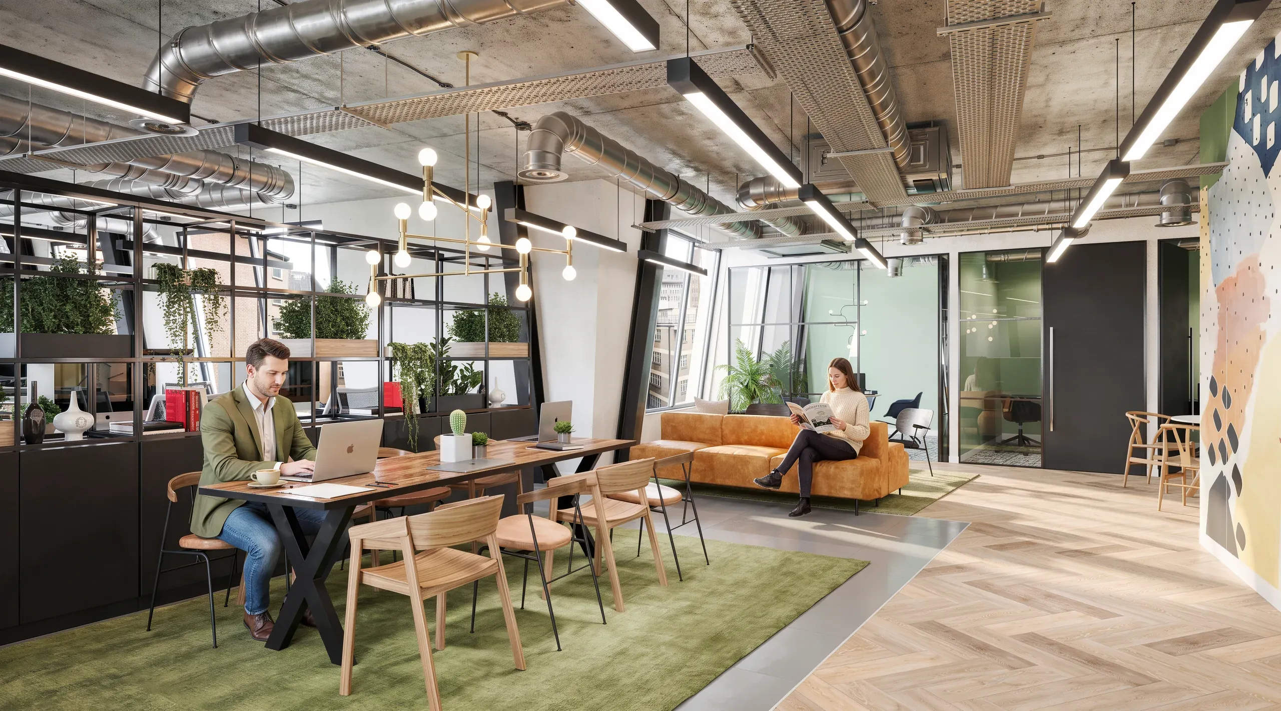 Modern open-plan office space with exposed ceiling, natural wood furniture, green accents, and two workers at collaborative desks and seating areas.