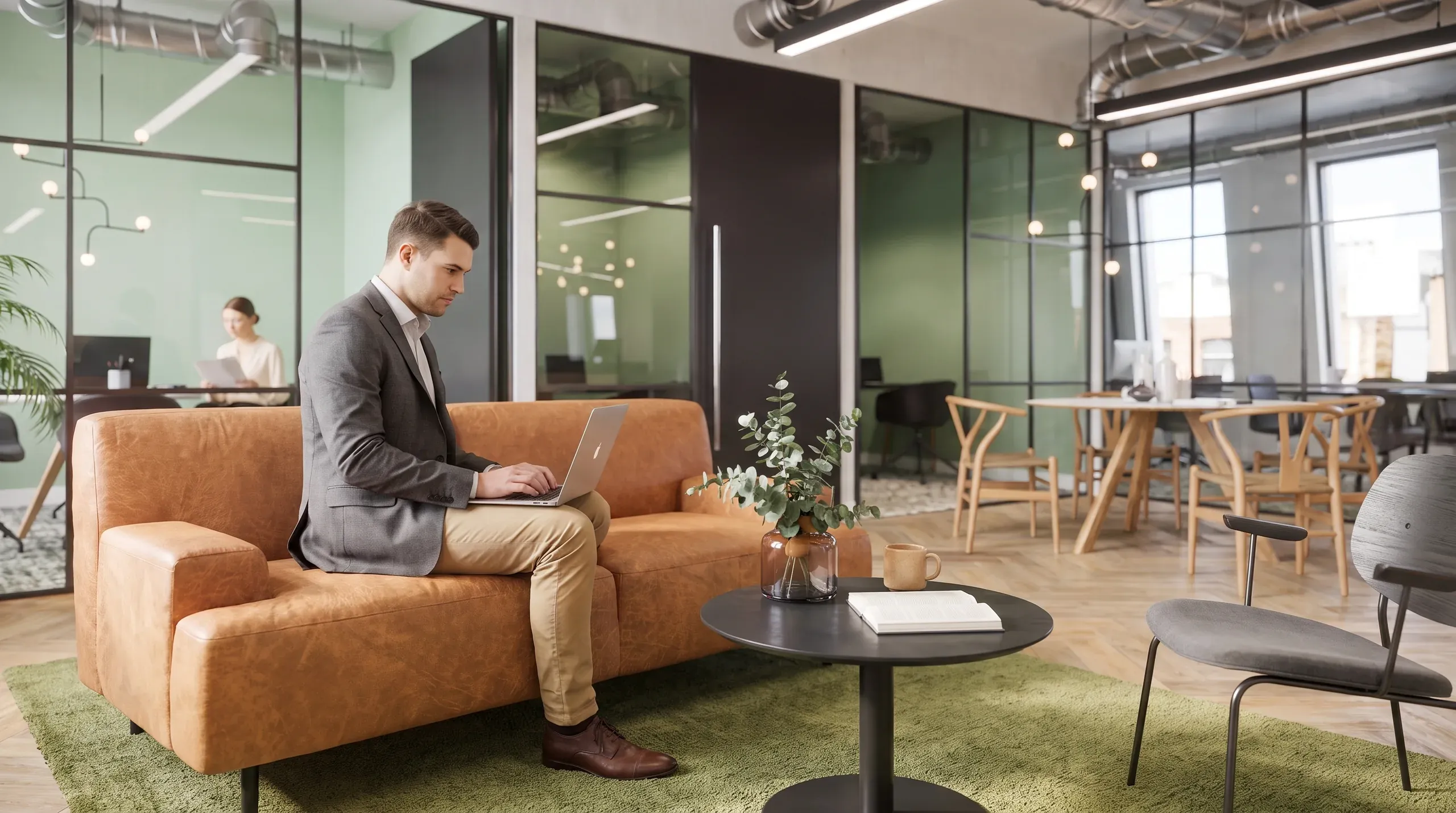 Professional man in business suit working on laptop while seated on tan leather couch in modern office lounge with glass partitions and natural light.