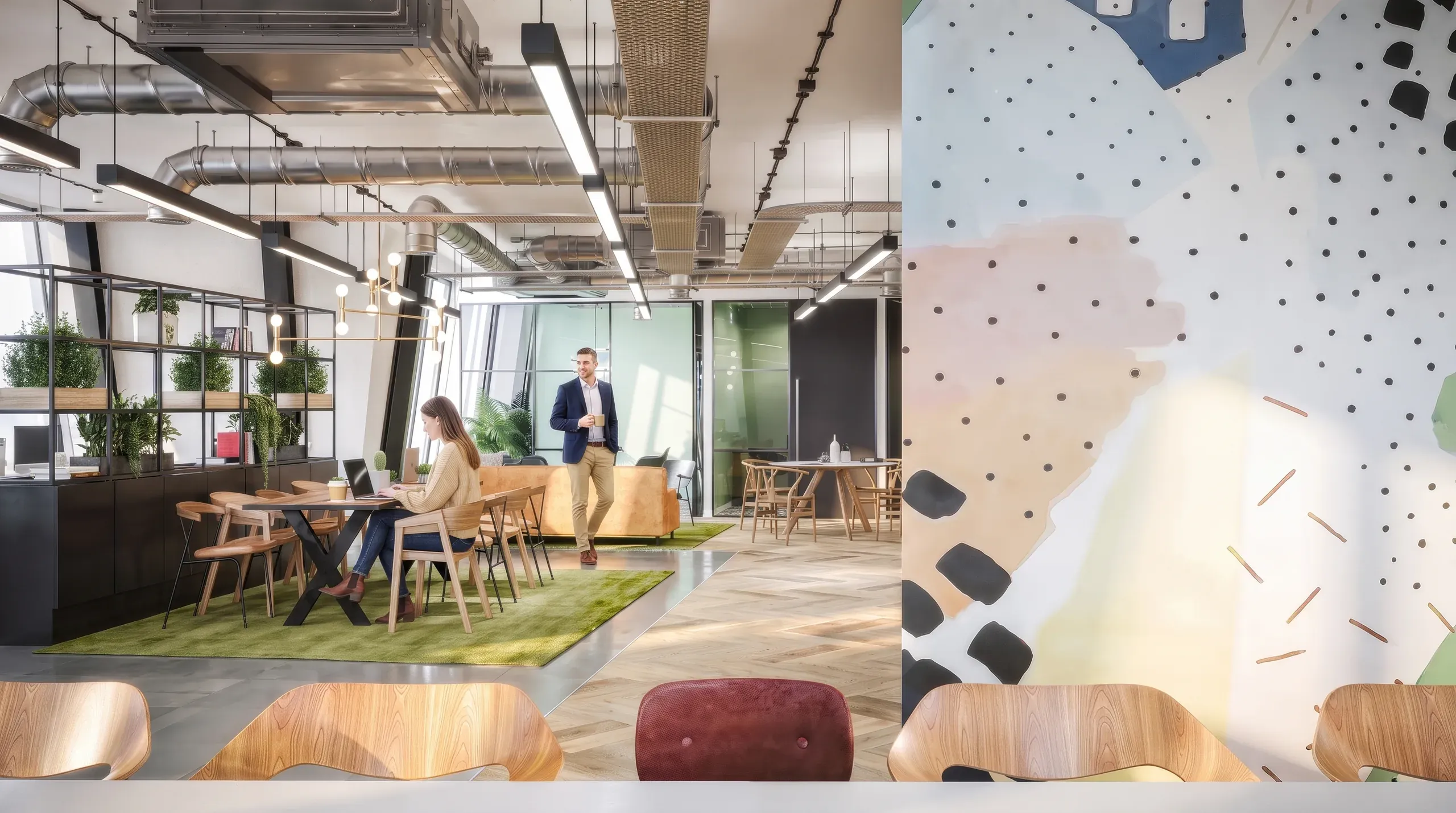 Modern open-plan office space with natural wood furniture, green carpet area, glass partitions, industrial ceiling with exposed ductwork, and two professionals collaborating.