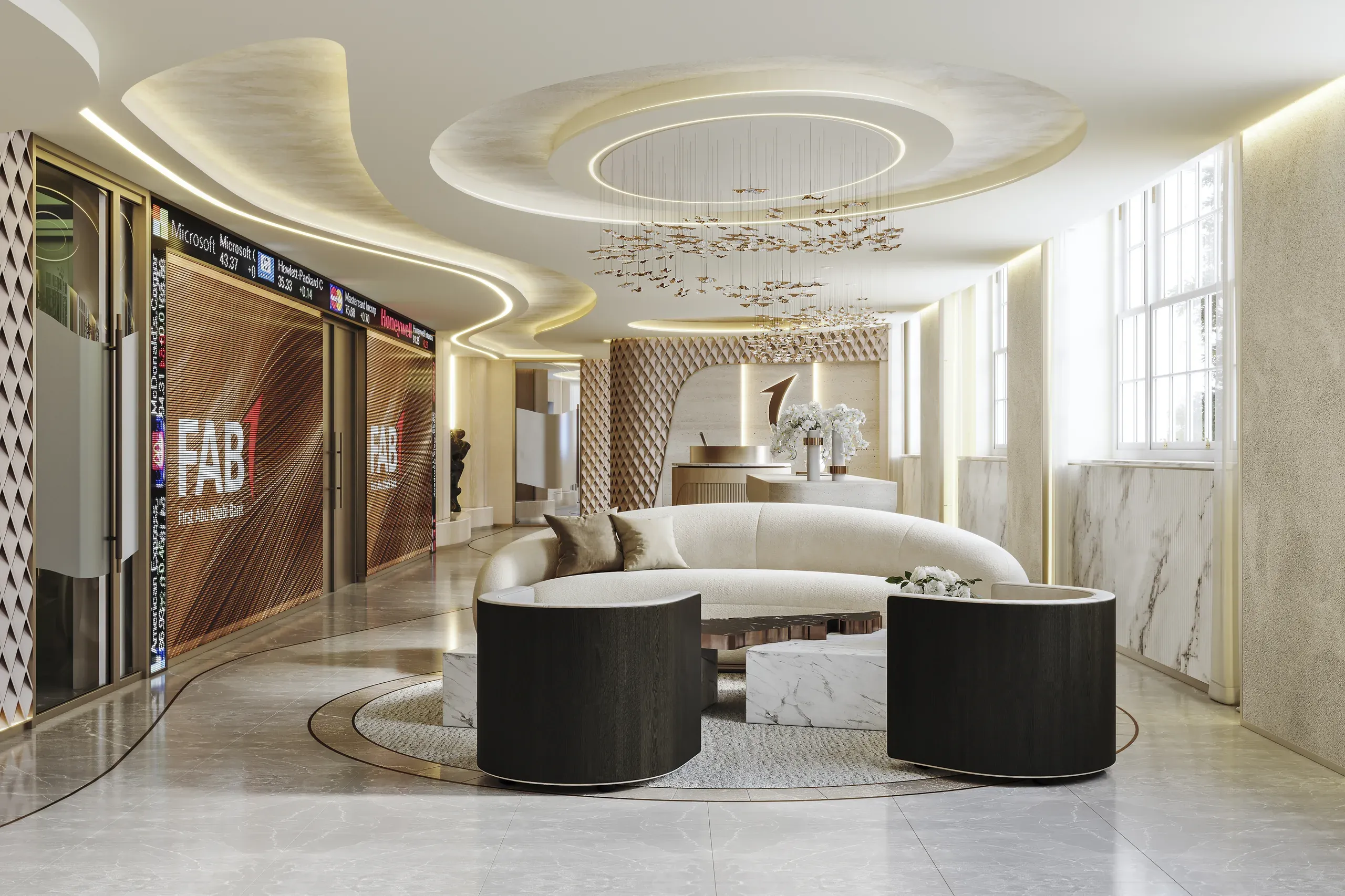 Modern luxury lobby with curved white sofa, black cylindrical ottomans, elegant ceiling design with chandelier, and storefront signage.