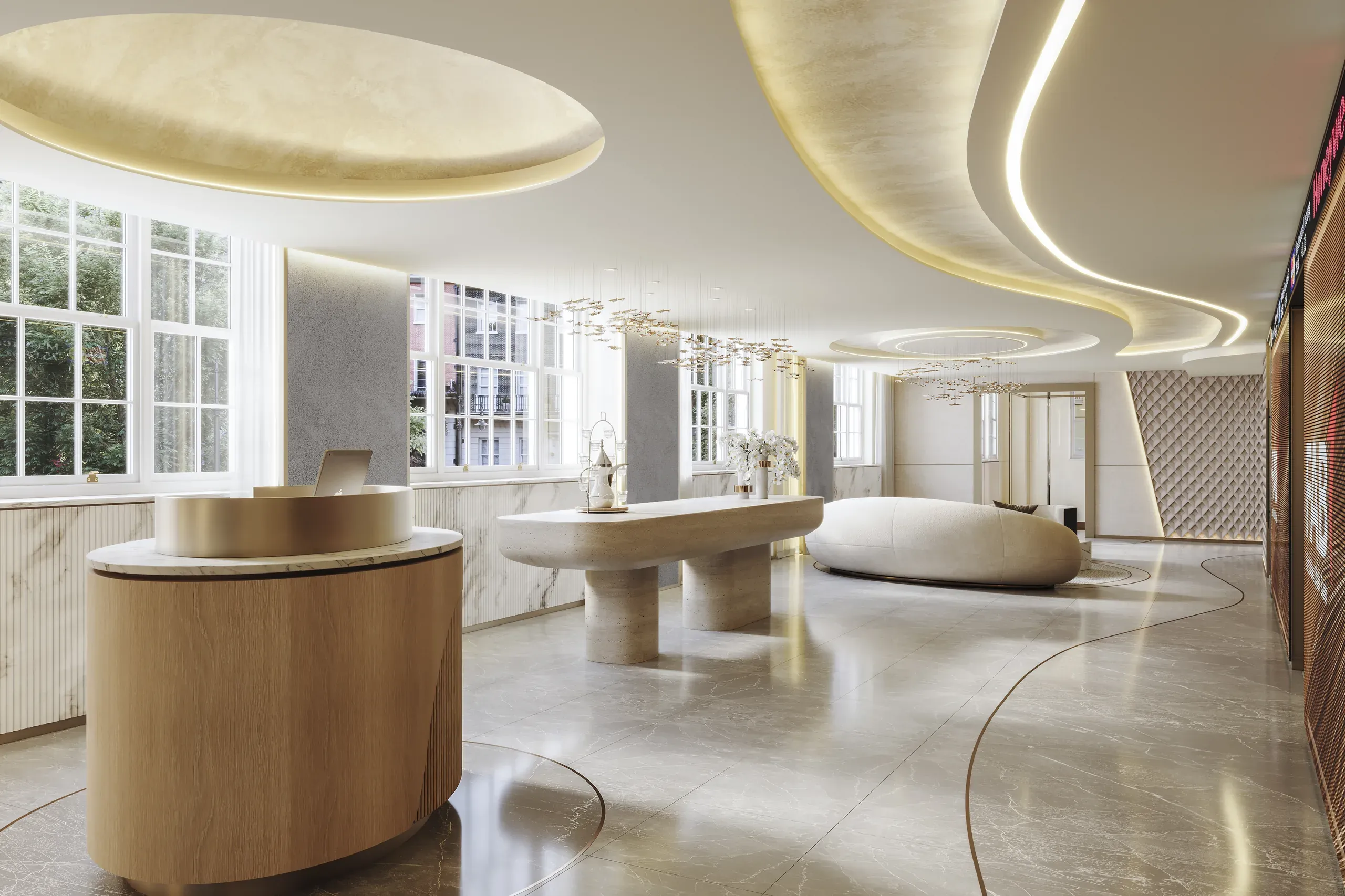 Modern luxury office lobby with curved wooden reception desks, illuminated ceiling design, marble flooring, and floor-to-ceiling windows overlooking greenery.