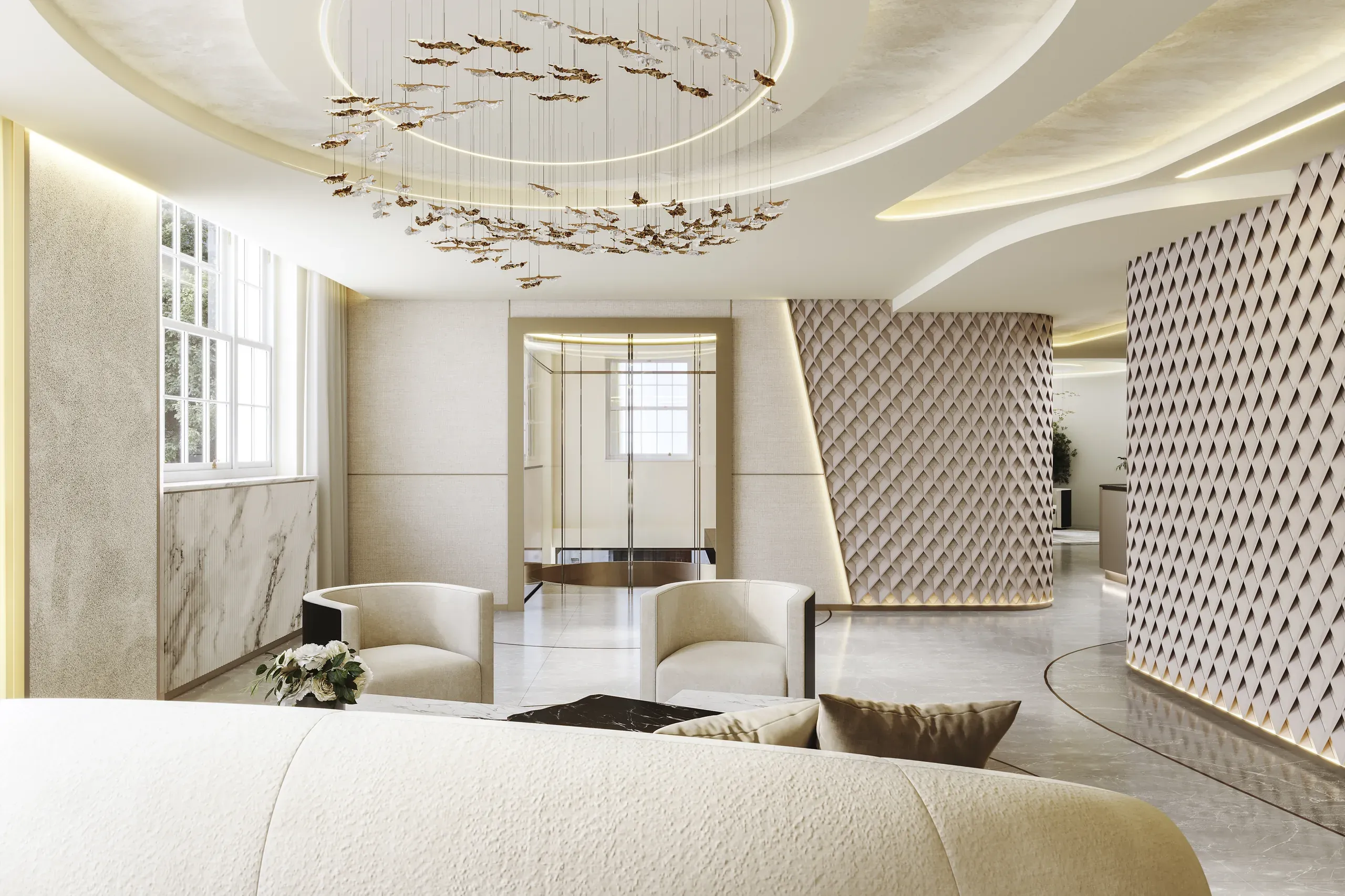Modern luxury hotel lobby with cream seating, geometric wall panels, ornate ceiling chandelier, and marble accents throughout bright, minimalist space.