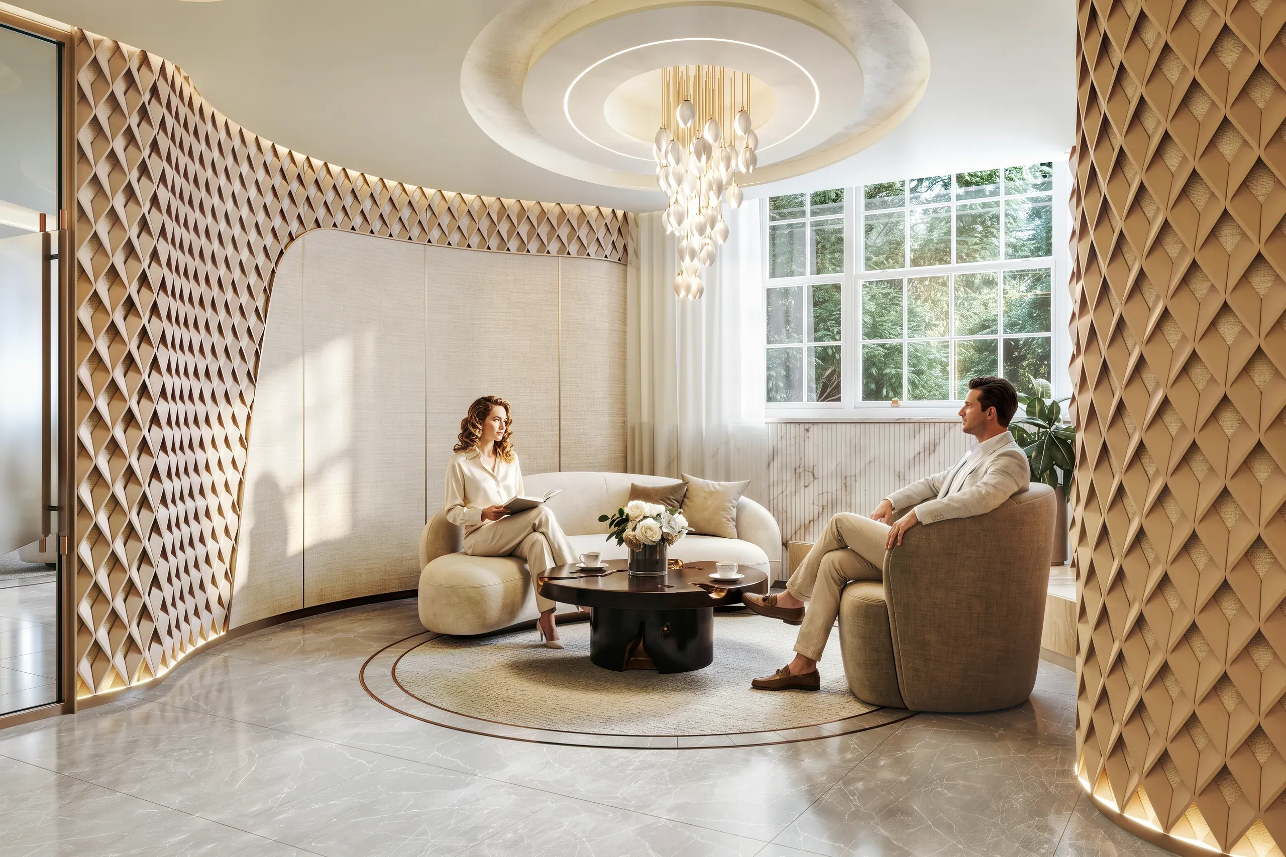 Modern luxury lounge with two people seated in curved chairs, geometric wood wall panels, circular marble floor, pendant chandelier, and large windows overlooking greenery.