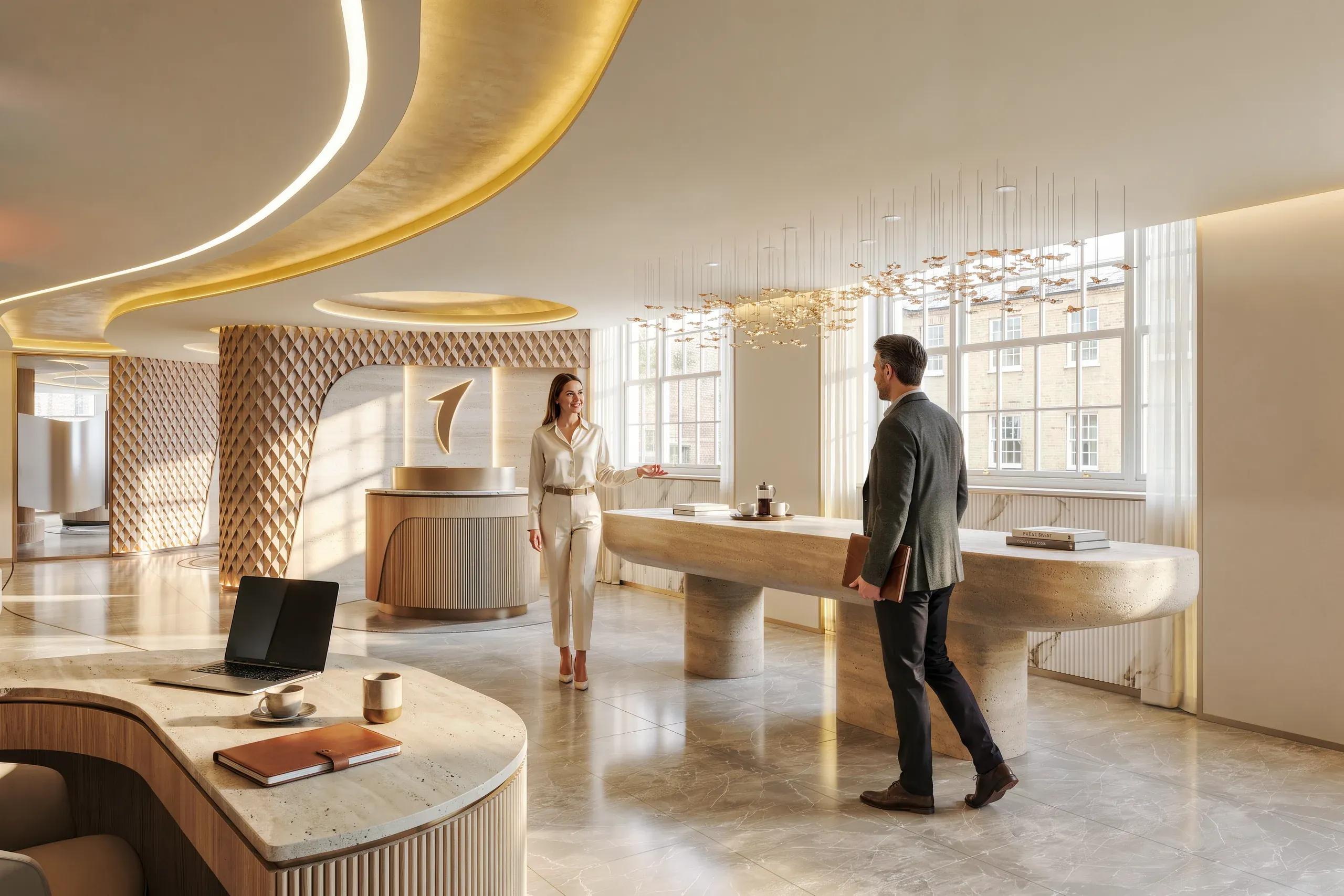 Modern luxury hotel lobby with curved gold ceiling details, marble flooring, wooden textured walls, and two people conversing near the reception desk with city views.