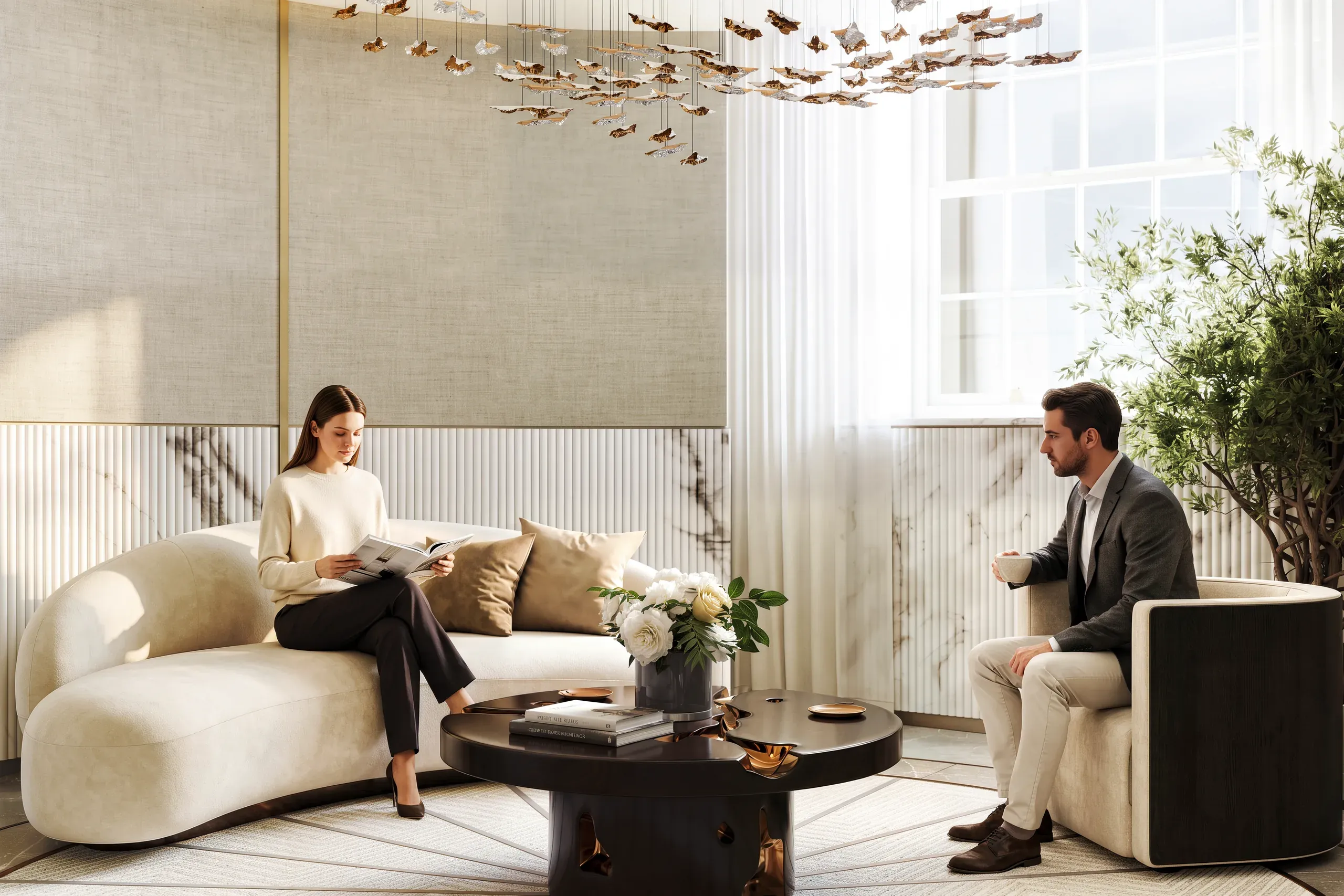 Modern lounge with two people seated on cream-colored curved furniture, black oval table, suspended fish sculpture, natural light, and potted plant.