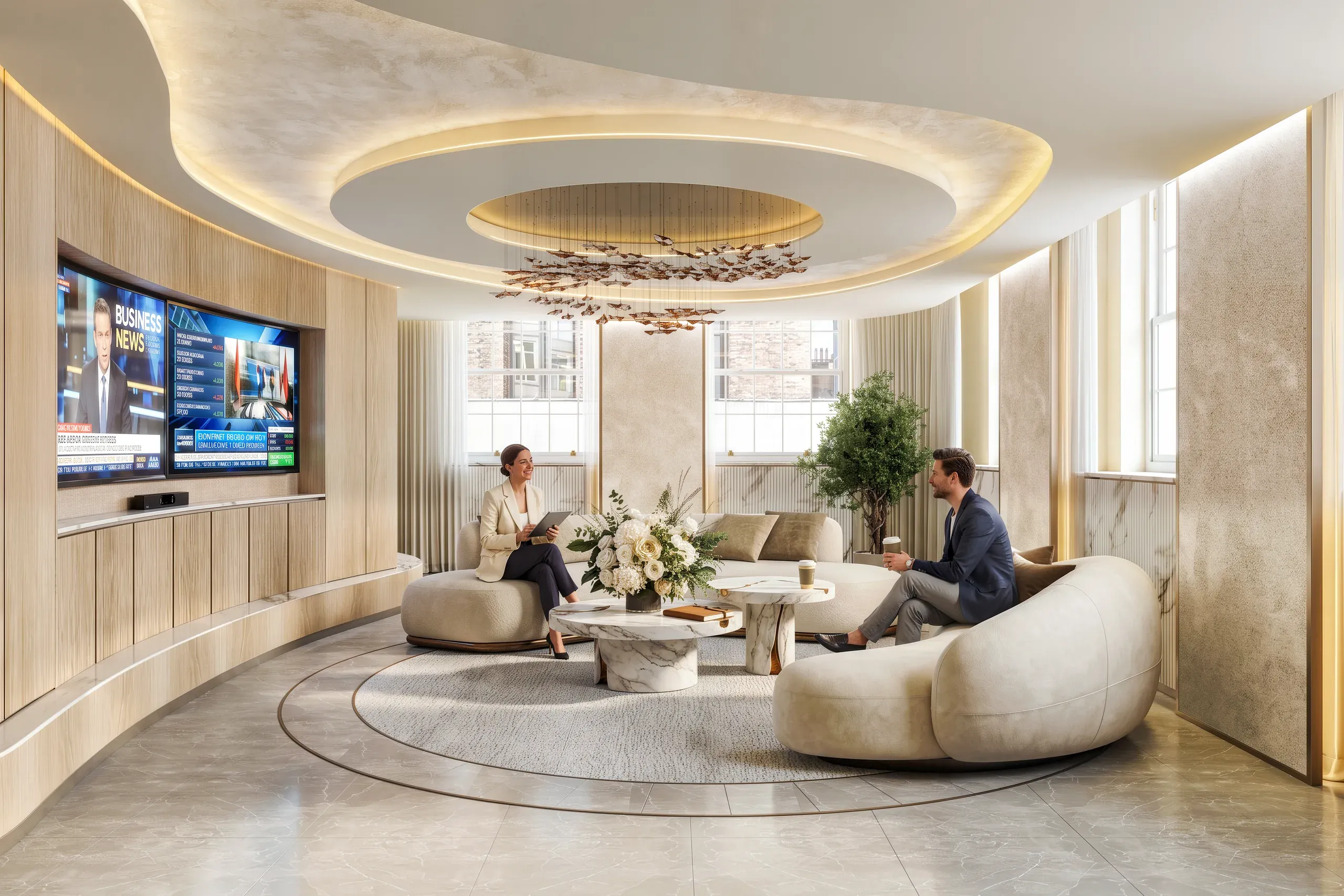 Modern luxury office lounge with curved cream seating, marble centerpiece, wooden walls, circular ceiling fixture, and two professionals conversing near floor-to-ceiling windows.