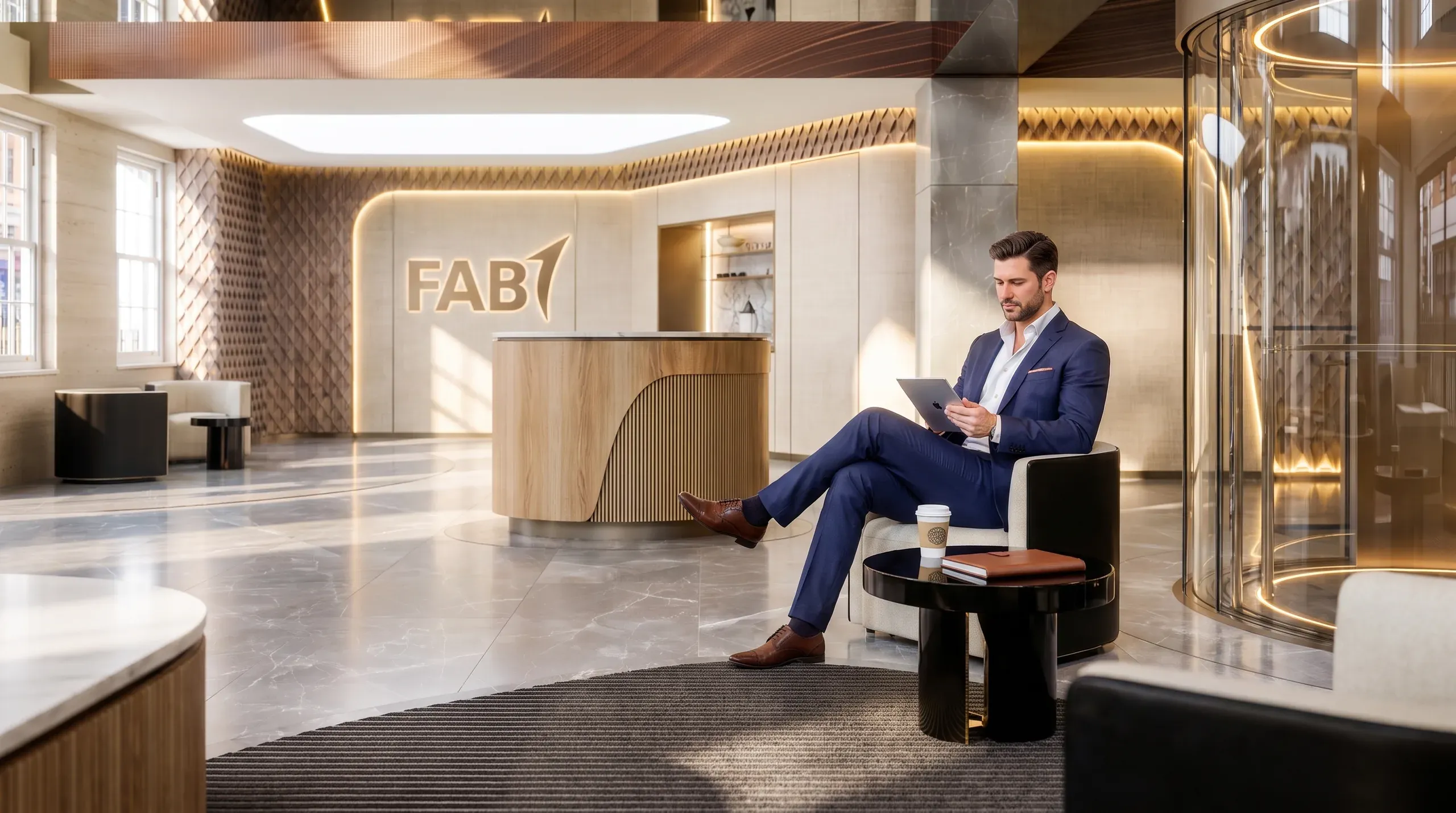 Modern office lobby with "FAB1" signage, man in blue suit using tablet, wooden reception desk, marble flooring, and contemporary architectural design with warm lighting.