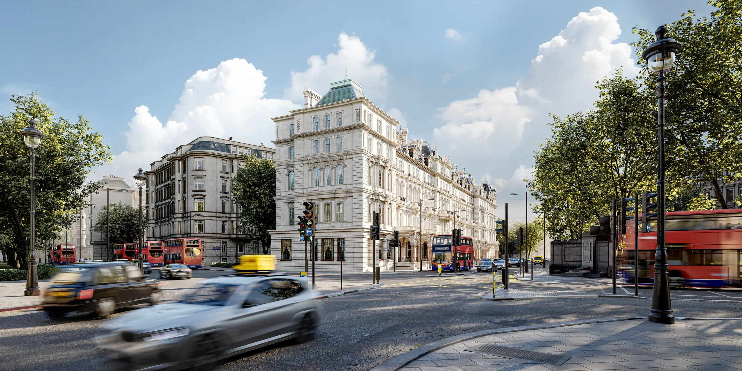 Busy London street intersection with Victorian buildings, red buses, yellow taxi, pedestrians, and green trees under blue sky with white clouds.