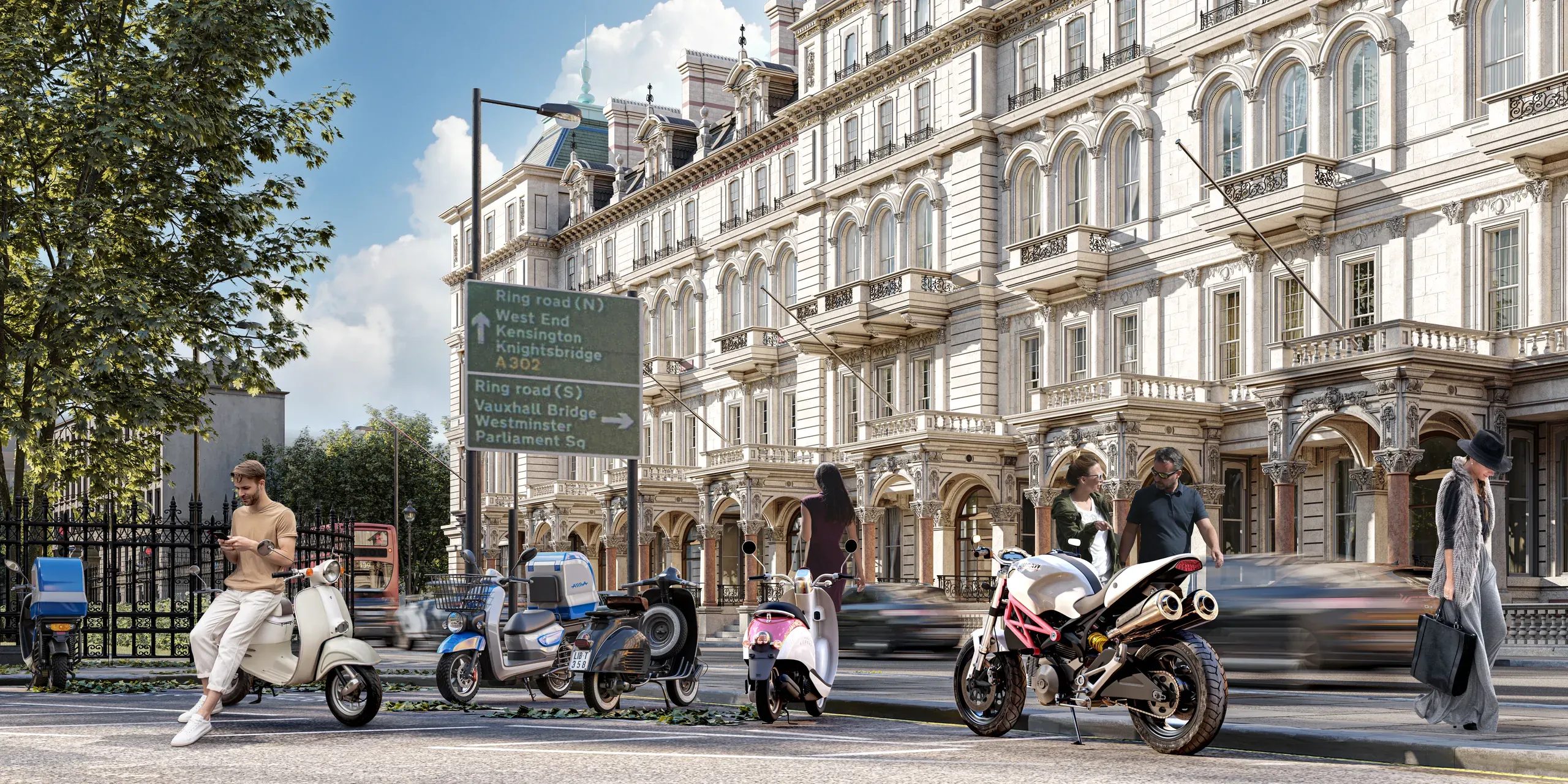 Street scene with scooters and motorcycles parked in front of ornate Victorian building in London with pedestrians and traffic.