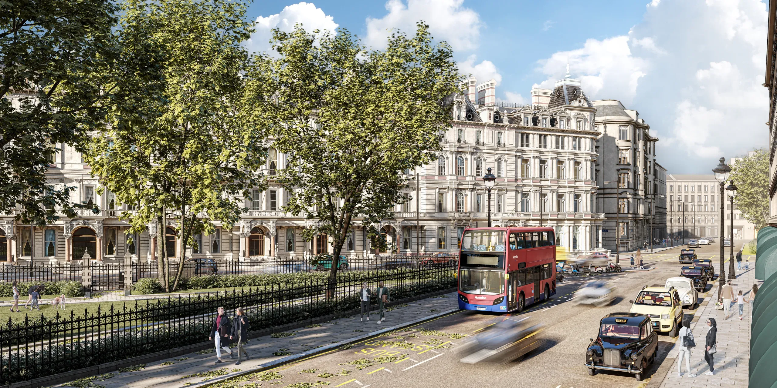 A bustling London street scene with classical architecture, red double-decker buses, black taxis, pedestrians, and tree-lined pavements under a blue sky.