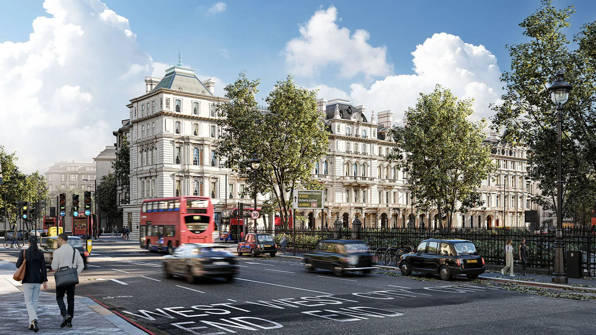 A busy London street scene with Victorian buildings, red double-decker buses, black taxis, and pedestrians on a sunny day with white clouds.