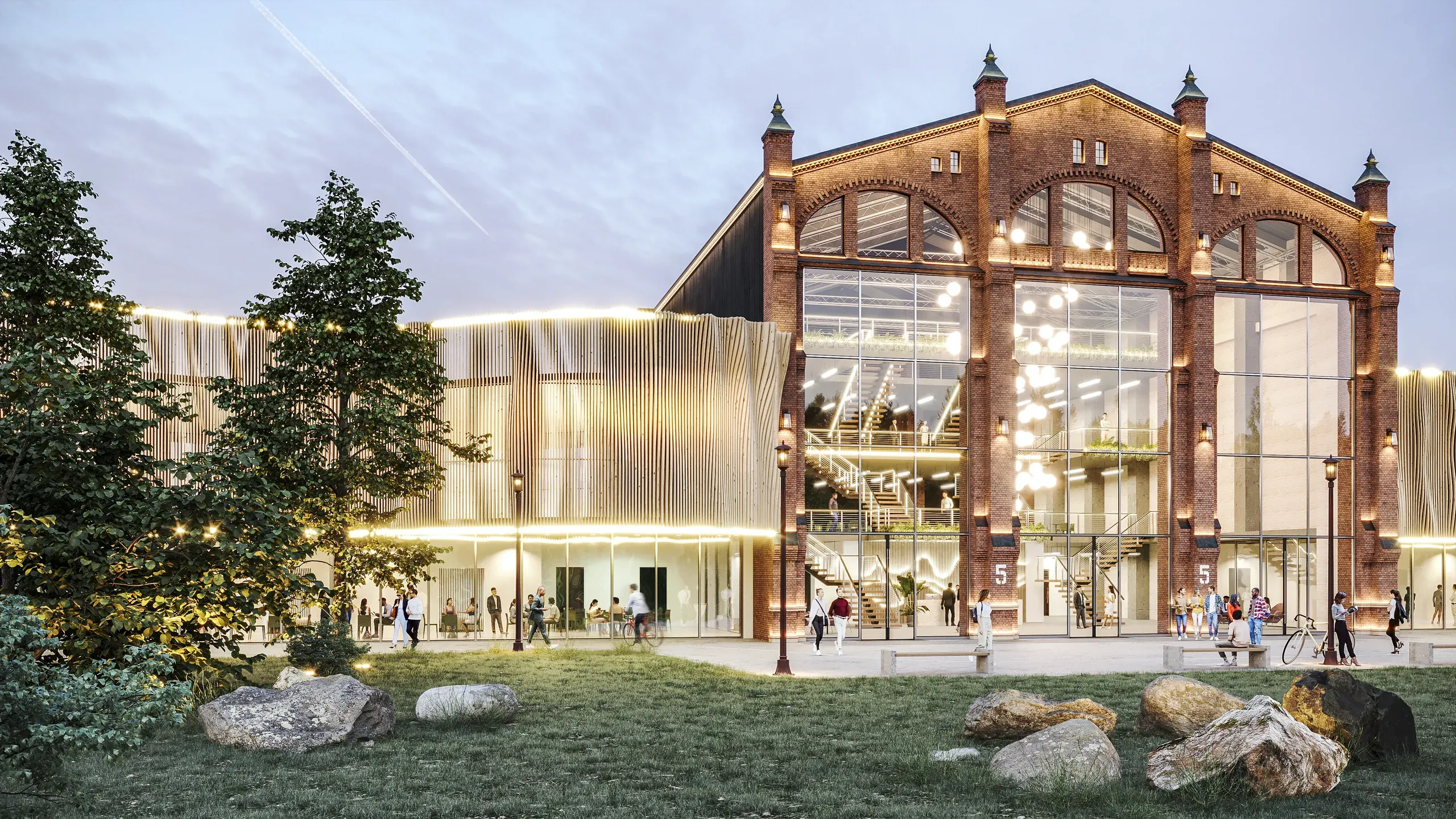 Modern architectural rendering of a brick industrial building converted to a public venue with extensive glazing, illuminated interior, green lawn, and surrounding trees at dusk.