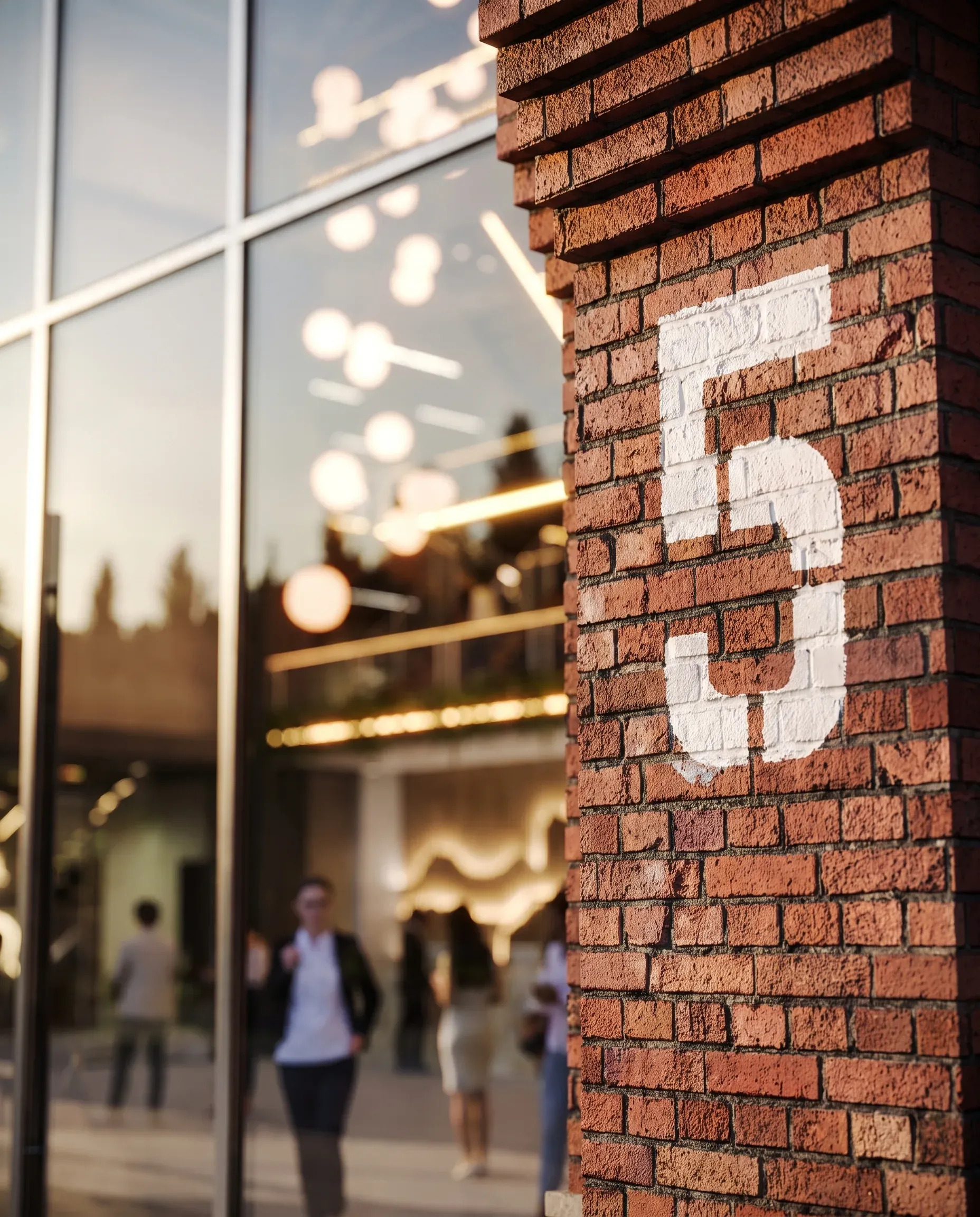 Red brick building exterior with white painted number 5, modern glass storefront window, blurred pedestrians inside, evening lighting.