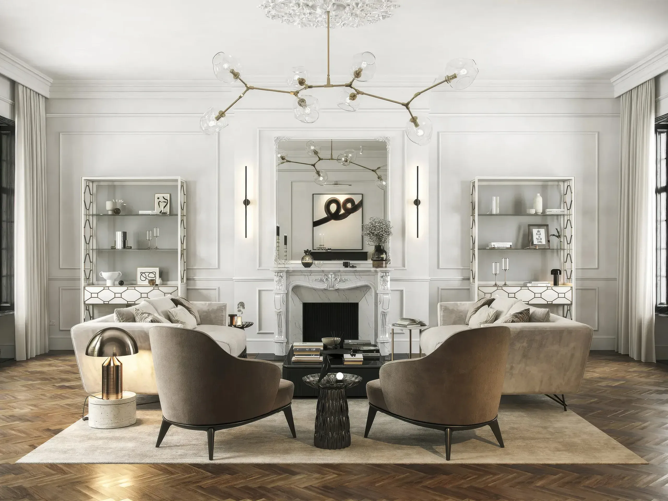 Modern luxury living room with curved beige chairs, fireplace, built-in shelving, brass chandelier, and herringbone wood flooring.