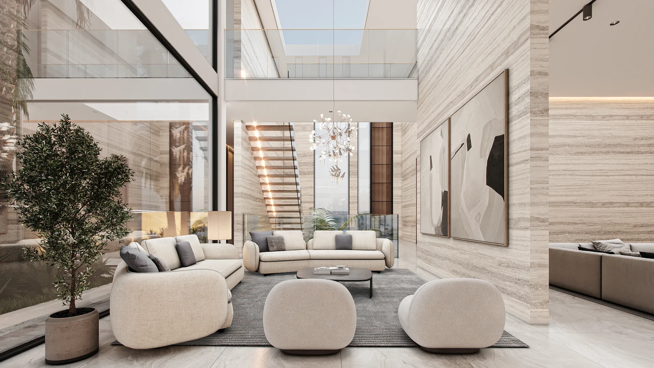 Modern luxury living room with cream curved furniture, marble walls, floor-to-ceiling windows, skylight, floating stairs, and minimalist decor.