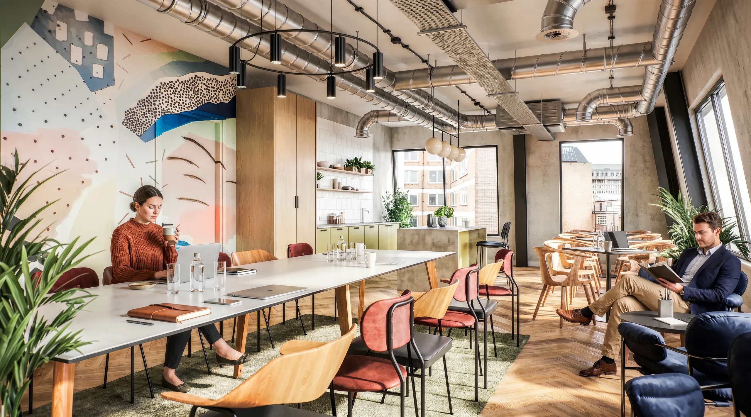 Modern open-plan office space with exposed ductwork, wood furniture, colorful chairs, large windows, plants, and workers at collaborative tables and seating areas.