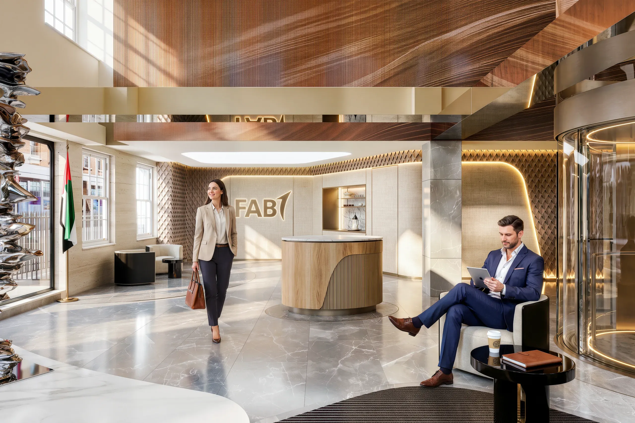 Modern office lobby with FAB7 signage, featuring a woman walking past a curved wooden reception desk and a man seated in a lounge area working on a tablet.