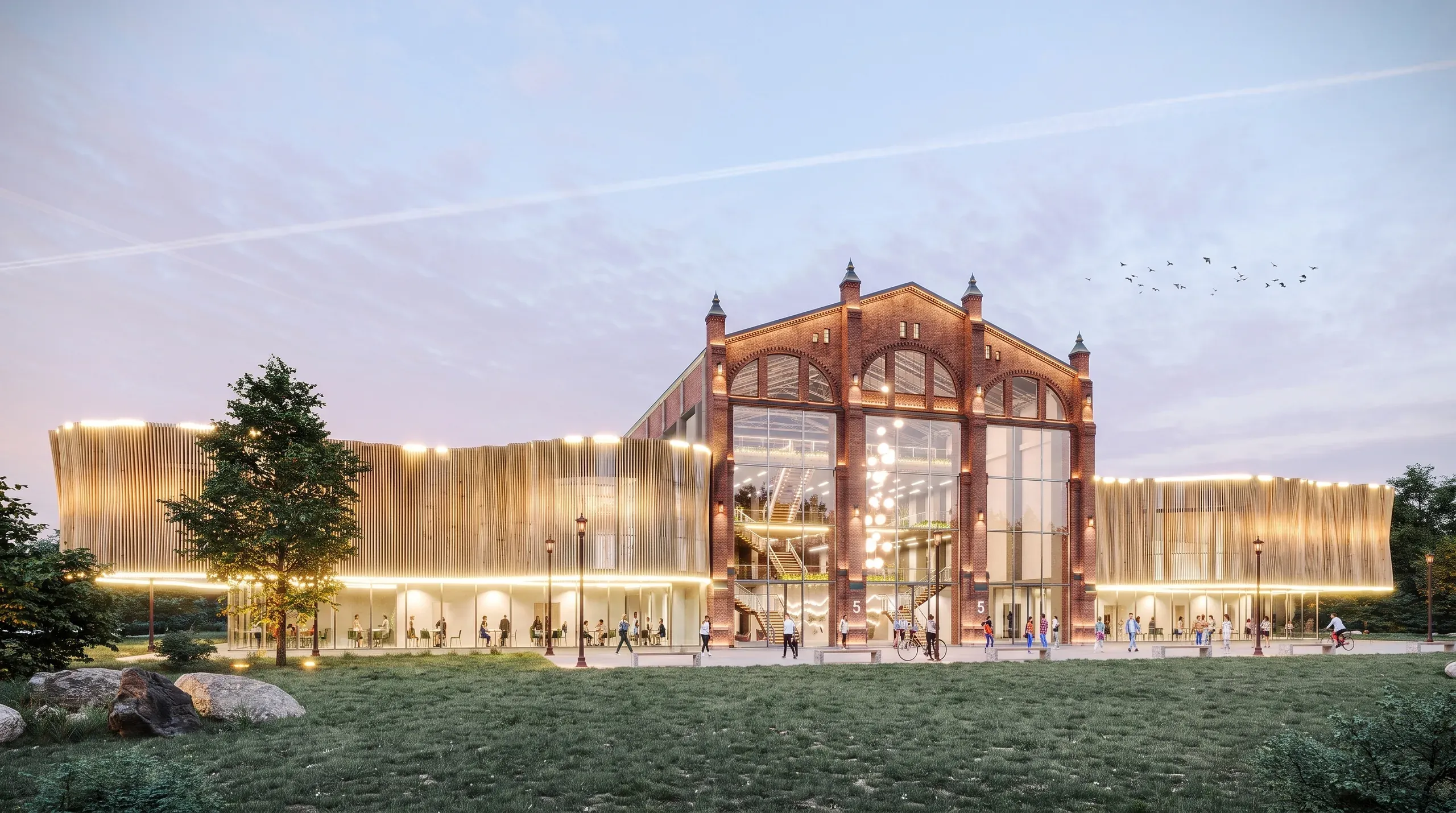 Modern architectural rendering of a brick building with illuminated glass facade and wings, situated in a twilight landscape with green lawn and trees.