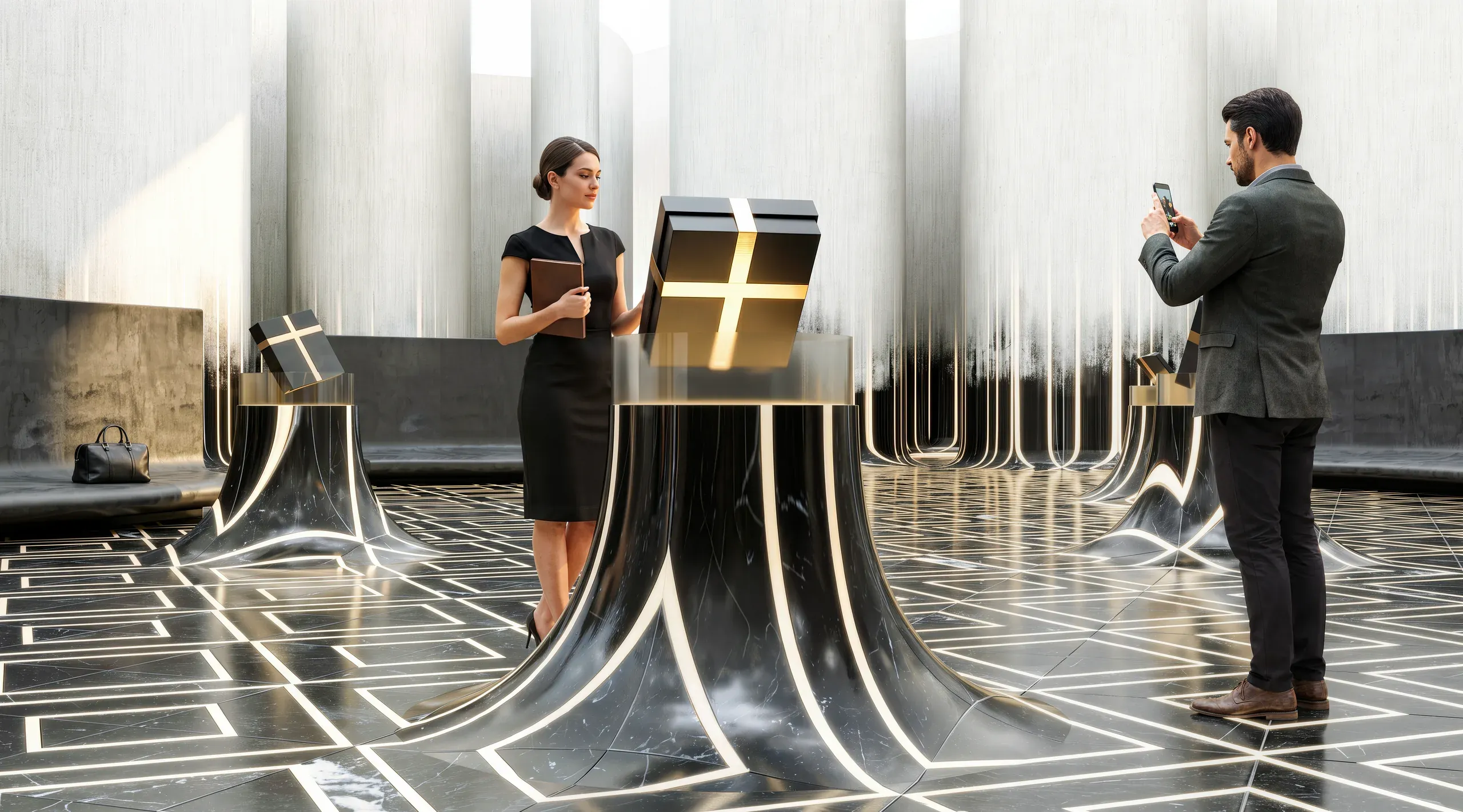 Two professionals in a futuristic, minimalist interior with reflective surfaces and illuminated cross symbols, one photographing the space with a smartphone.