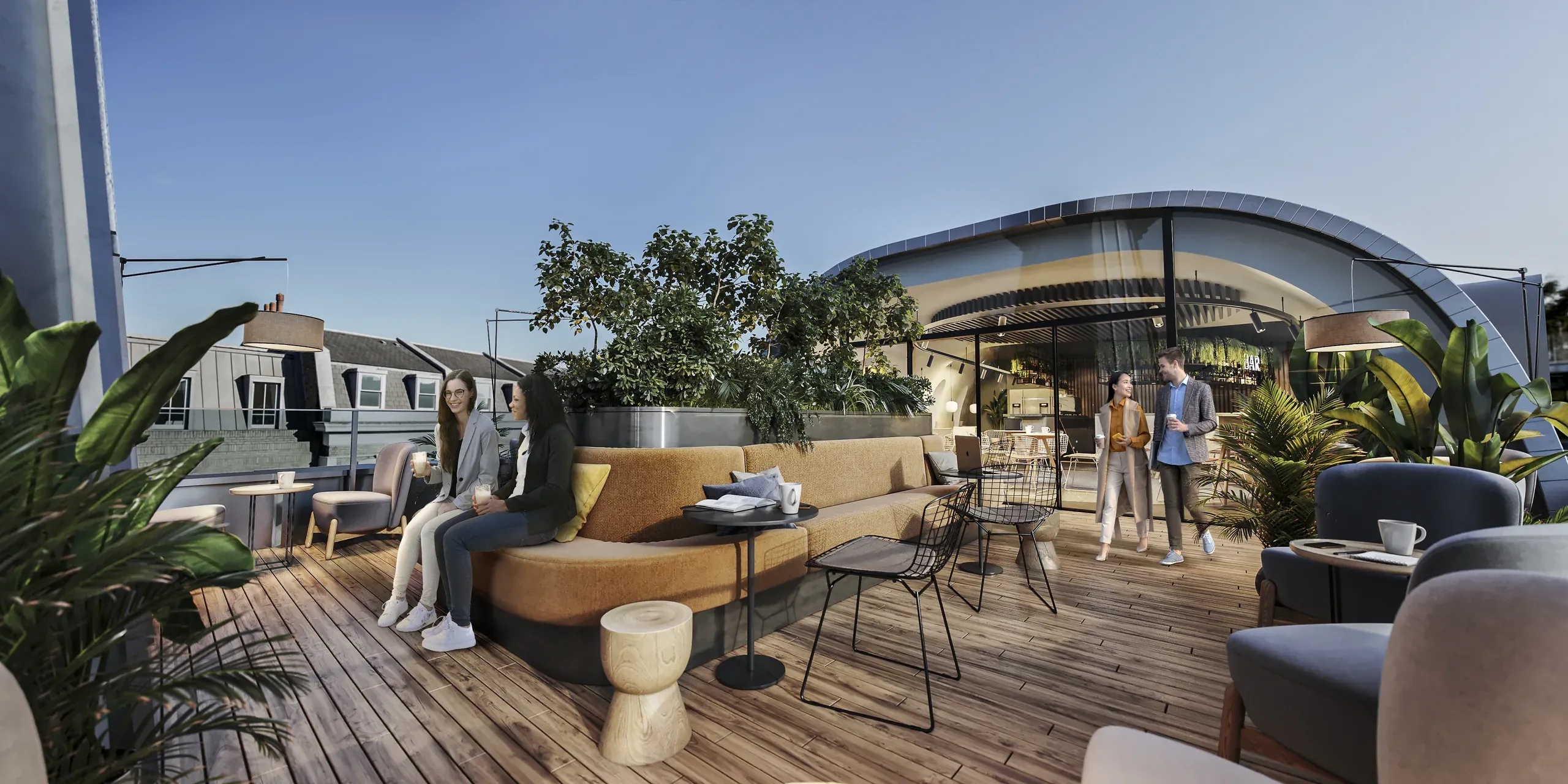 Modern rooftop terrace with curved pavilion, seating areas, planted trees, and people socializing under clear sky.