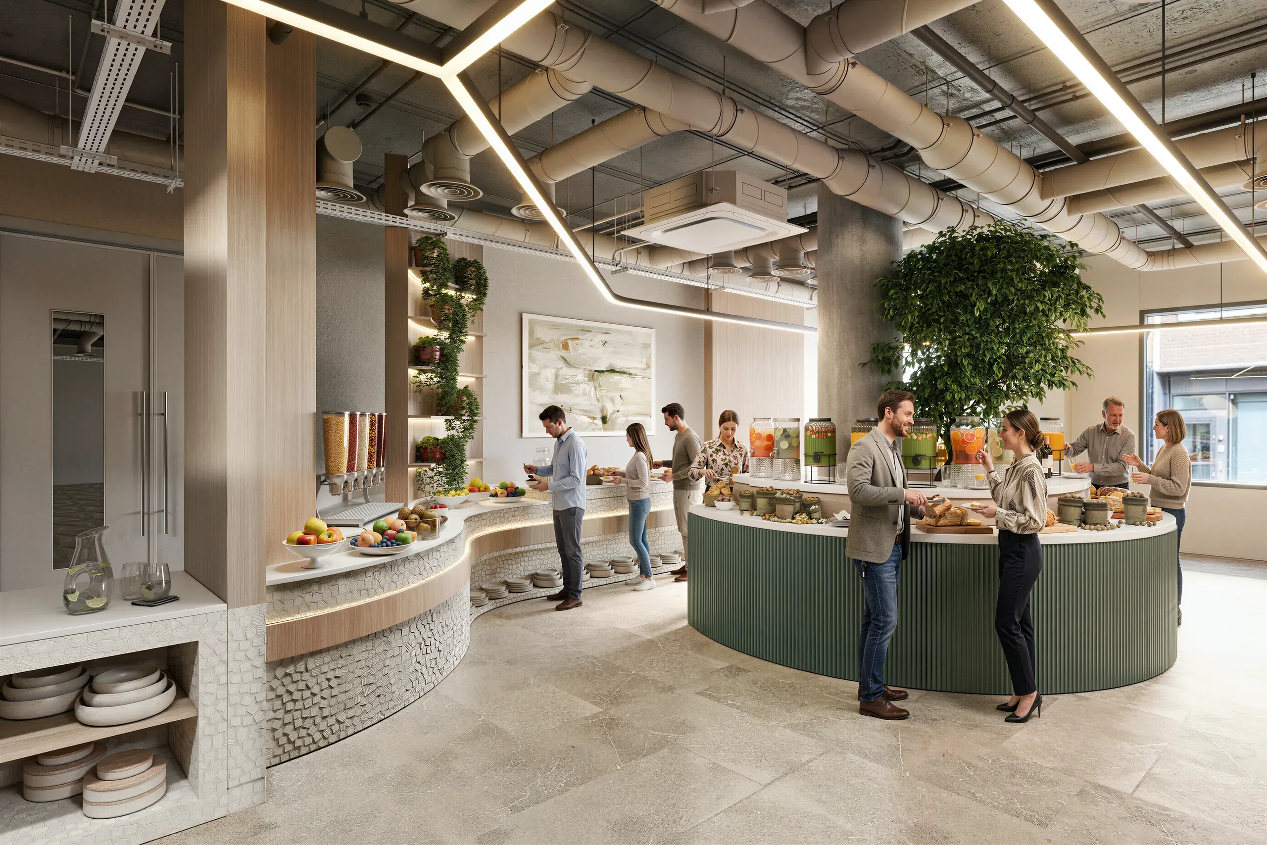 Modern office break room with curved green counter, exposed ceiling ducts, skylights, planted walls, and employees socializing near food stations.