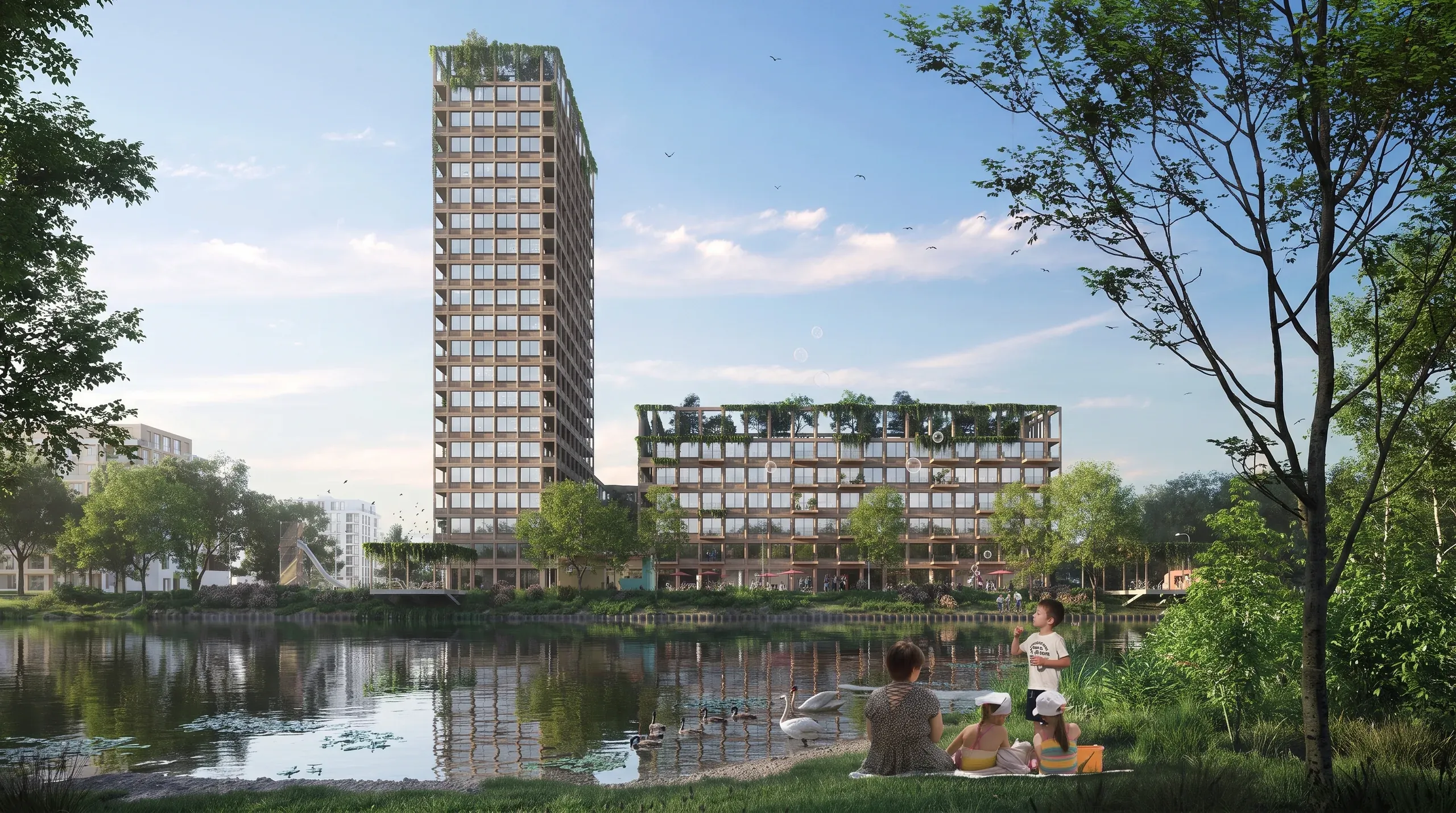 Modern waterfront development with tall residential tower, mixed-use building with rooftop gardens, riverside park, and families enjoying the waterside recreational area.