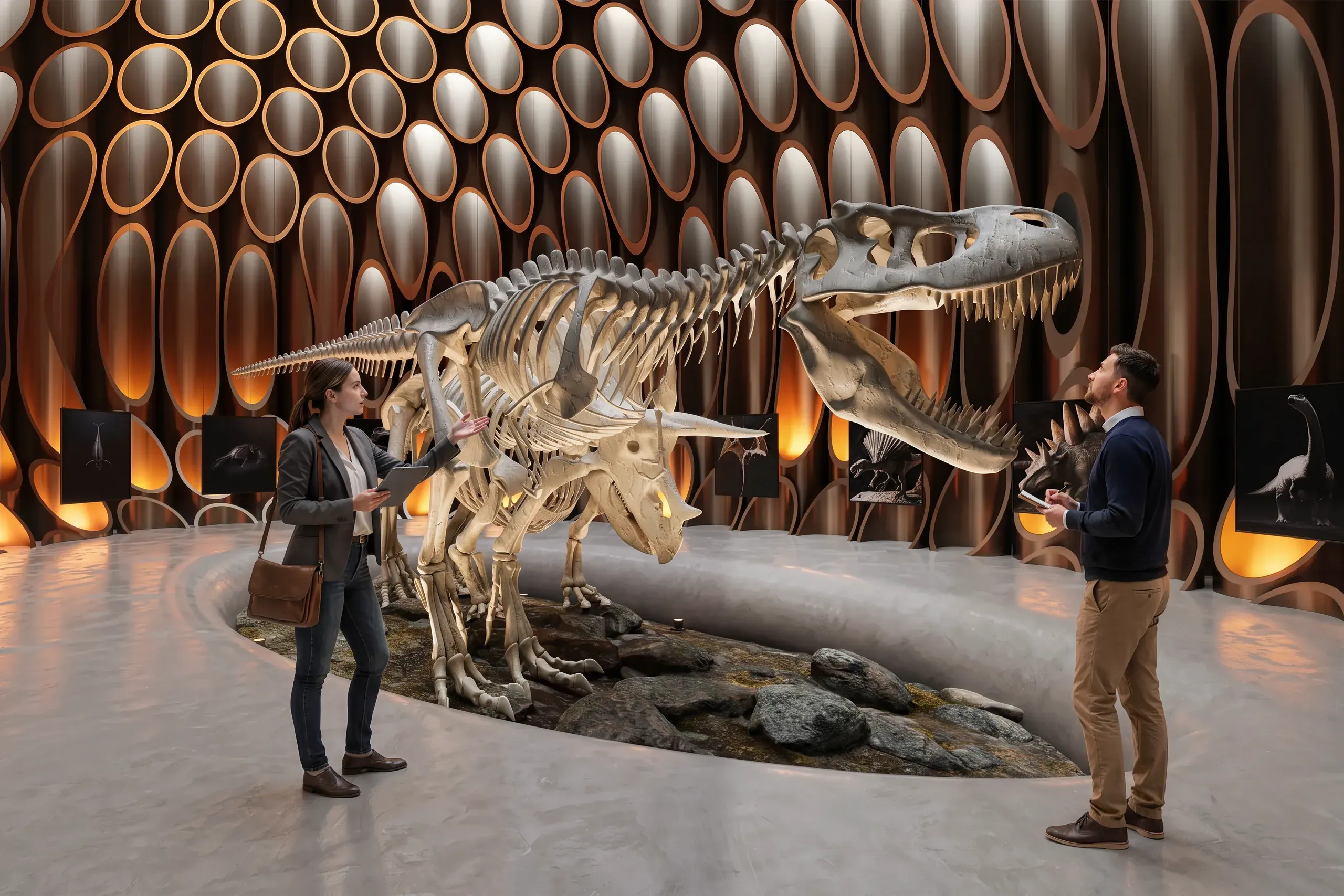 Two visitors examine a large dinosaur skeleton displayed in a modern museum interior with illuminated circular wall panels and warm lighting.